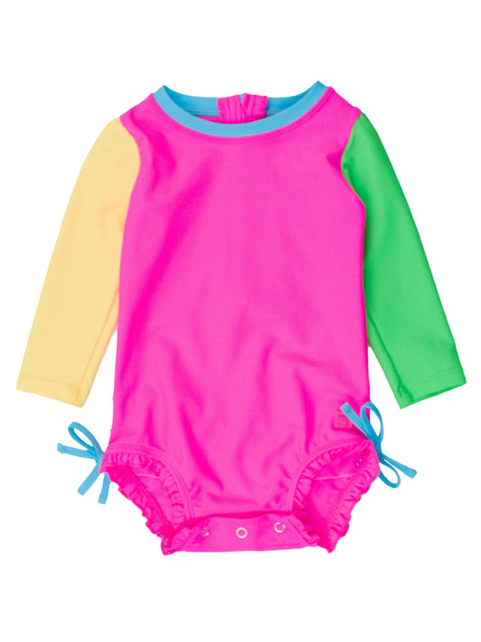 Baby Girls Neon Color Block Long Sleeve One Piece Rash Guard