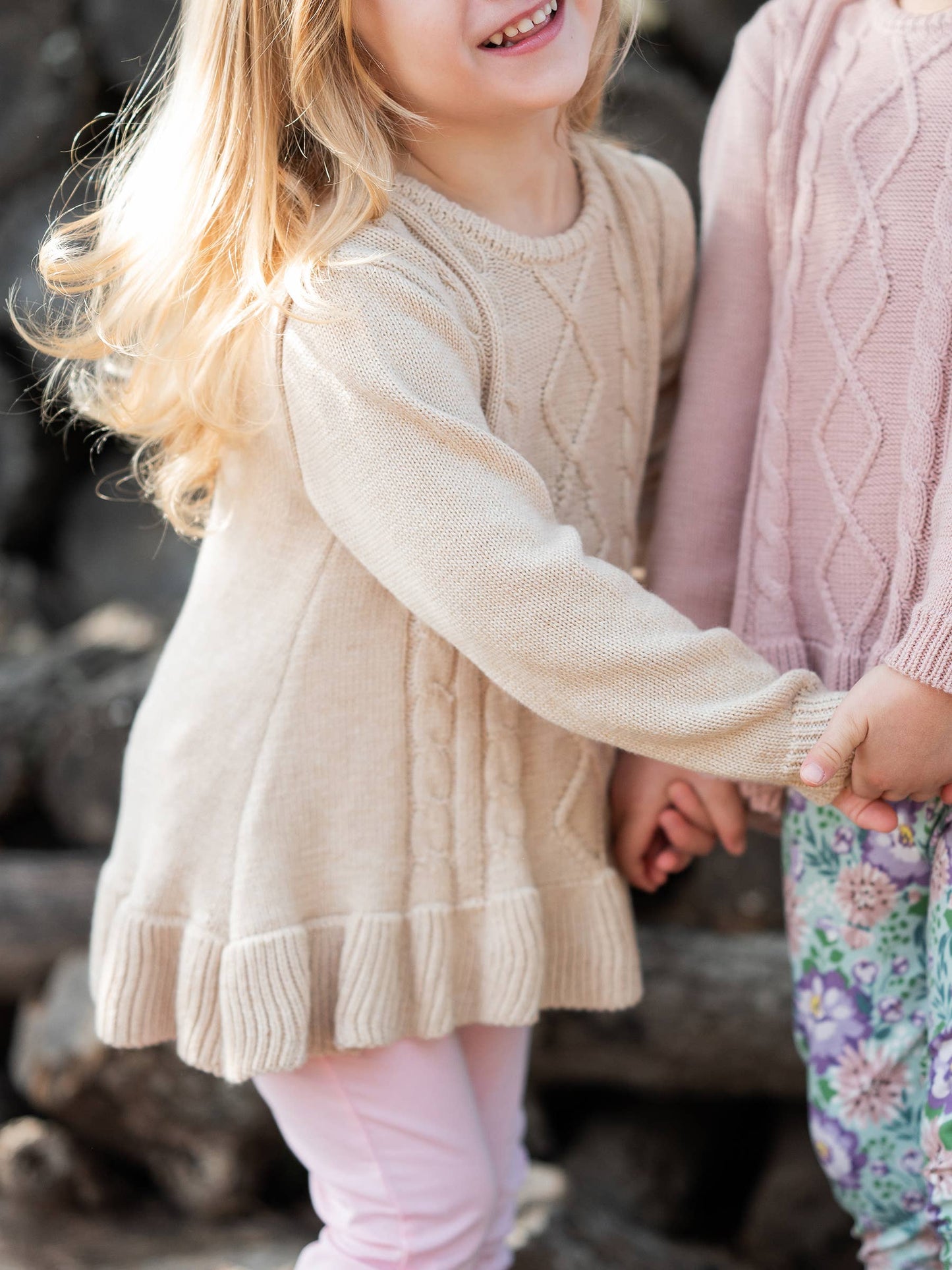 Girls Pale Mauve Ruffle Hem Cable Knit Sweater