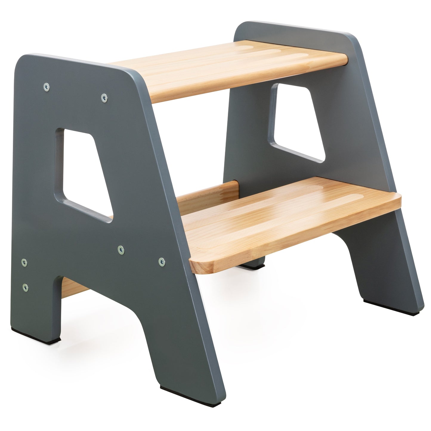 Two-step stool with gray frame and wooden steps on a white background
