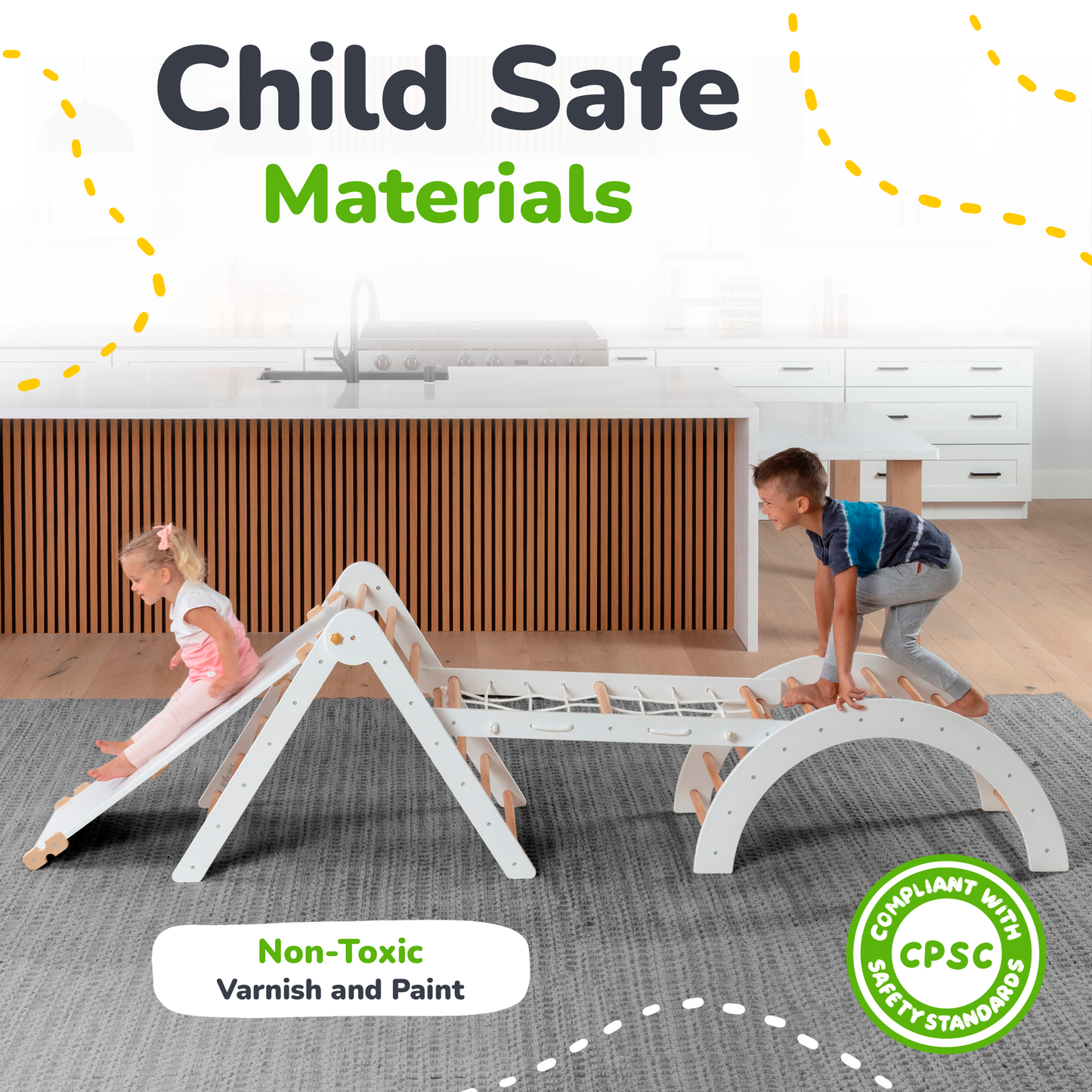 Children playing on a wooden seesaw with 'Child Safe Materials' and 'Non-Toxic Varnish and Paint' text.