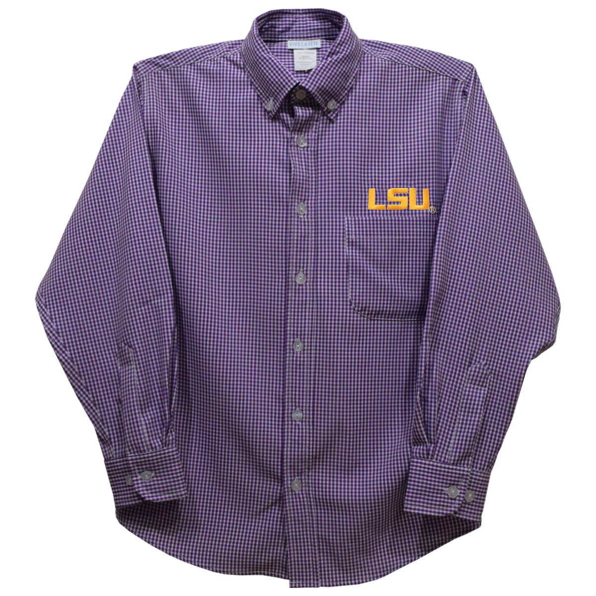 LSU Tigers Embroidered Purple Gingham Long Sleeve Button Down Shirt 3 - High Quality Apparels LSU Tigers Embroidered Purple Gingham Long Sleeve Button Down Shirt 3 - High Quality Apparels