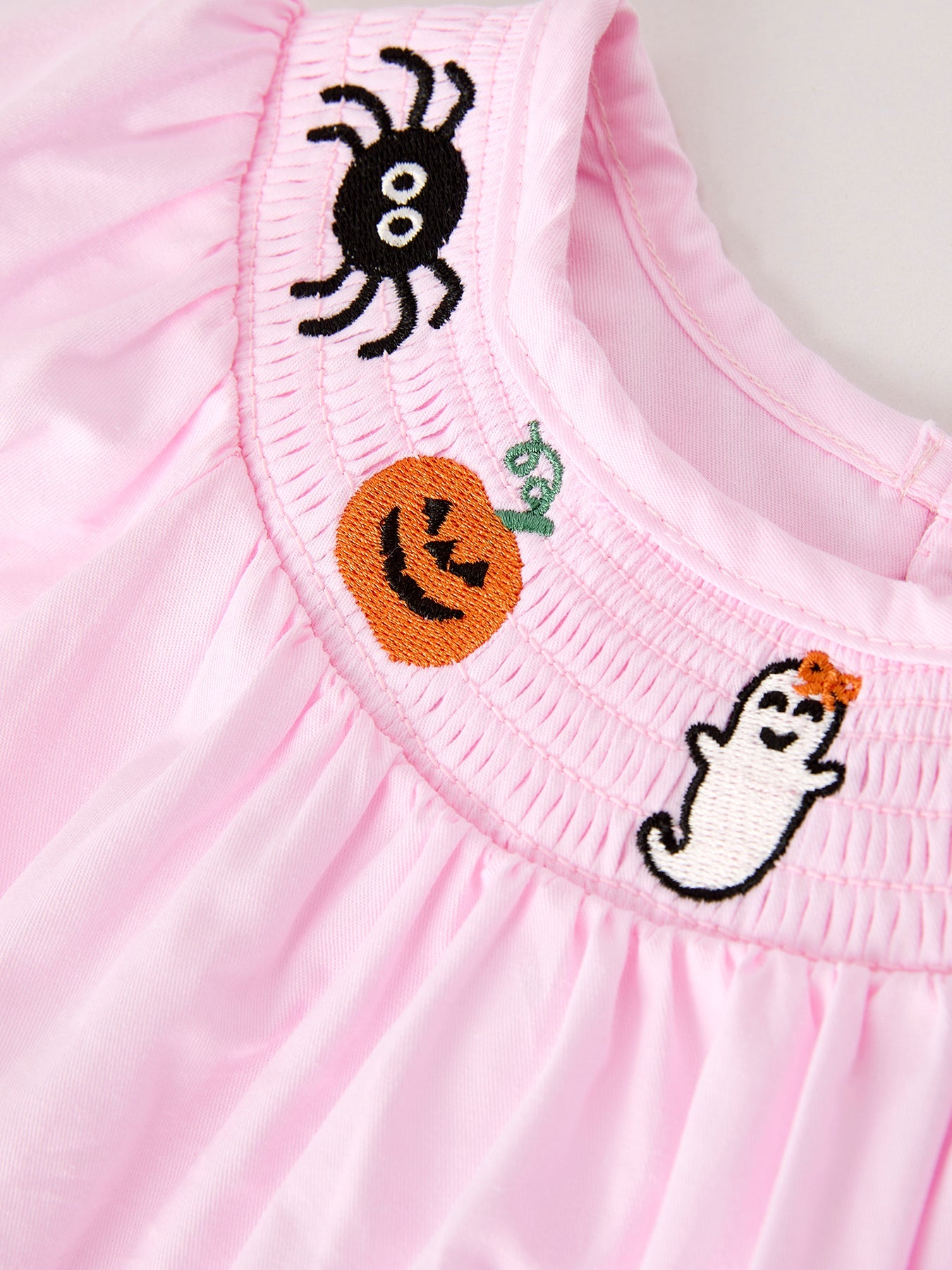 Fall Halloween Pink Spider Pumpkin Ghost Smock Embroidery Baby Girl Romper