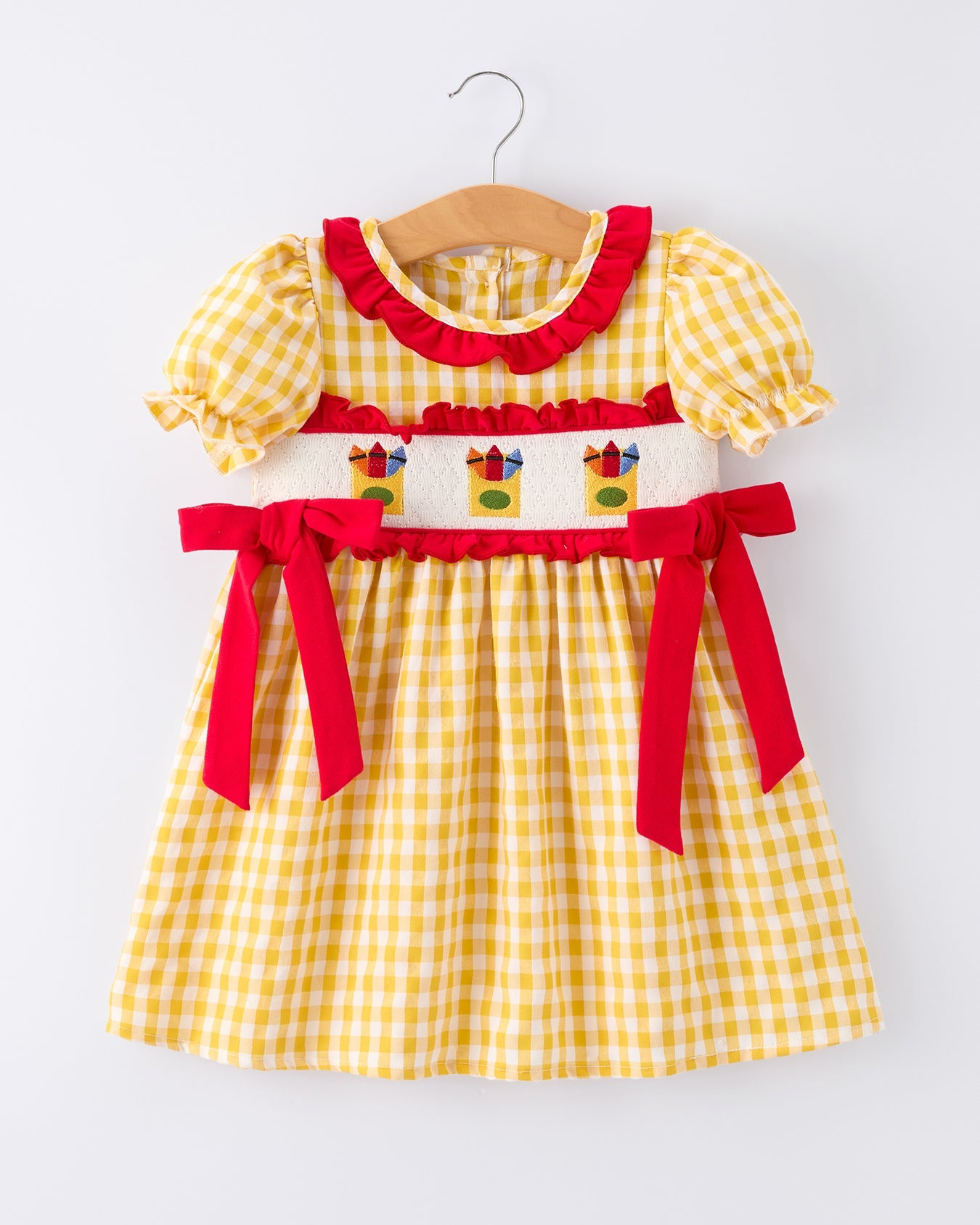 Back To School Supply Plaid Girls Dress Ruffle Collar Bow