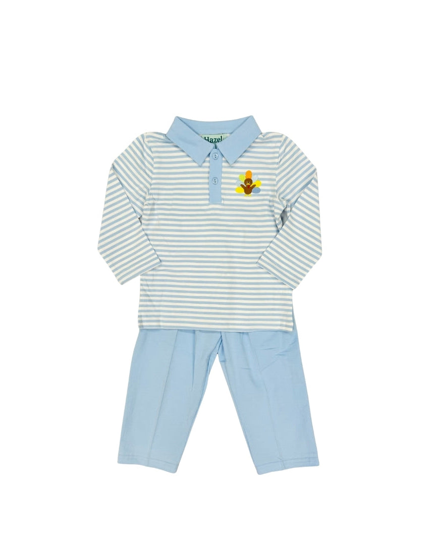 Hazel Blue Blue Stripe Collared Turkey Applique Pant Set
