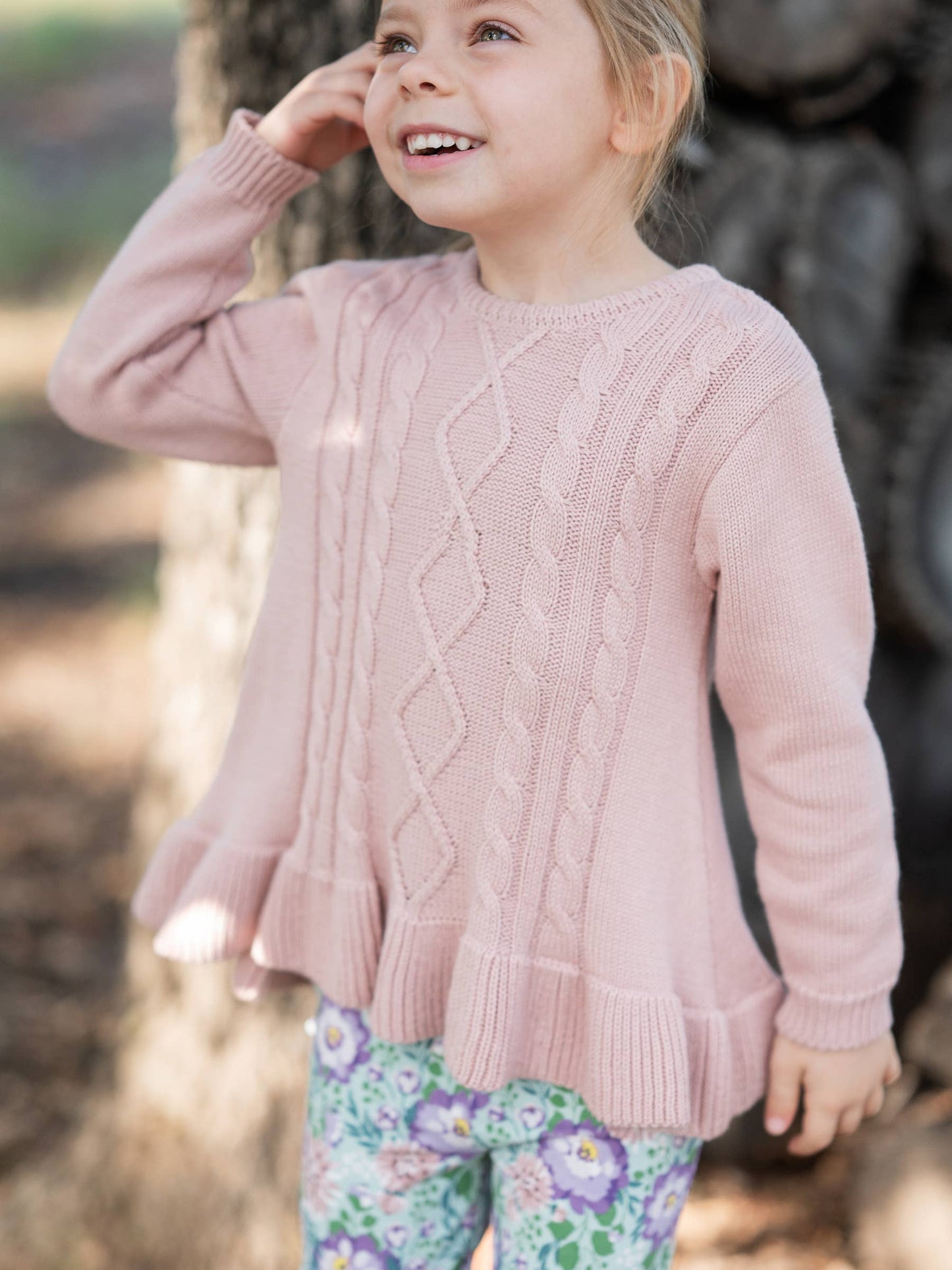 Girls Pale Mauve Ruffle Hem Cable Knit Sweater