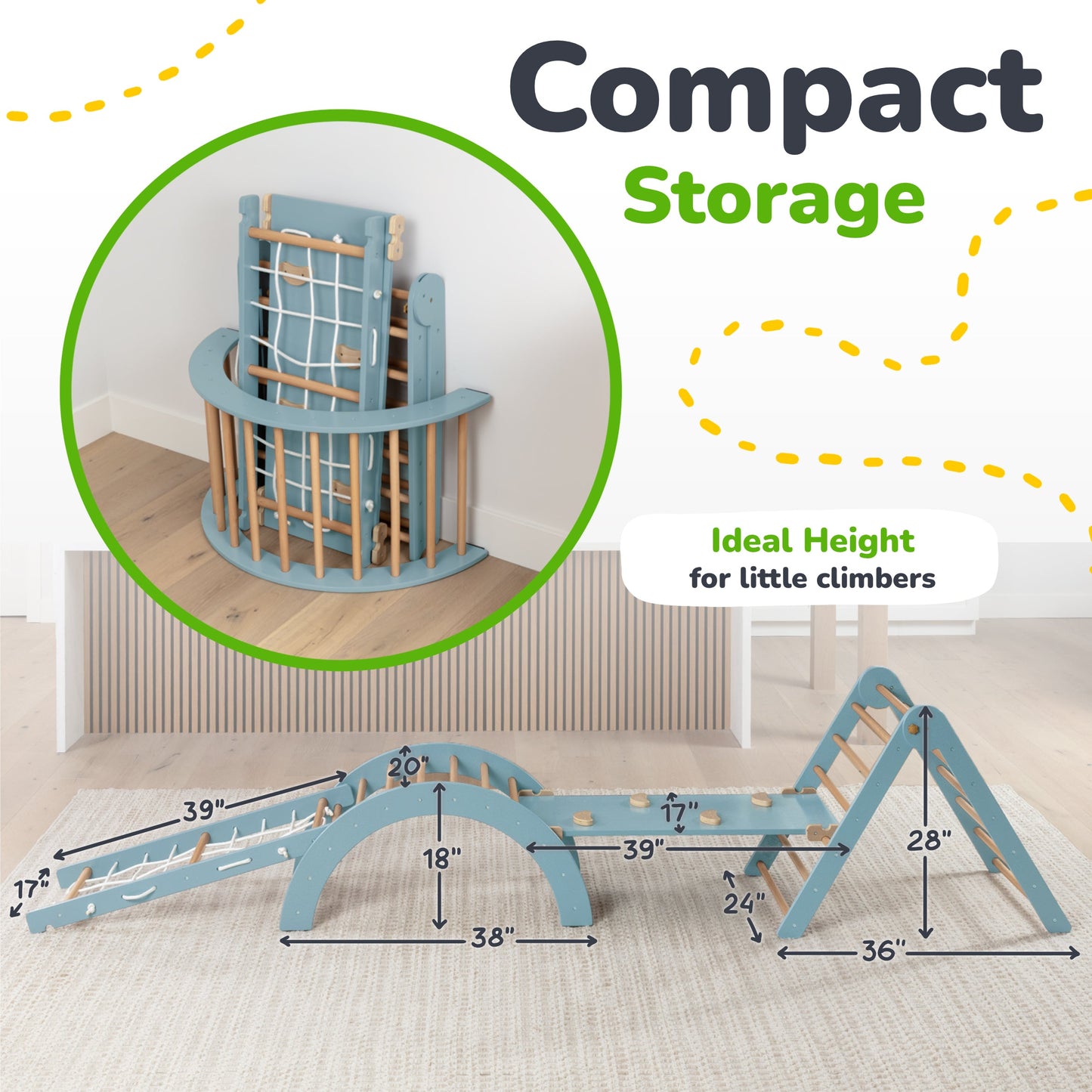 Children's play structure with dimensions and 'Compact Storage' text on a light background