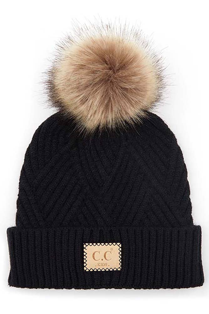C.C Kids Diagonal Stripe Criss Cross Pattern Pom Beanie
