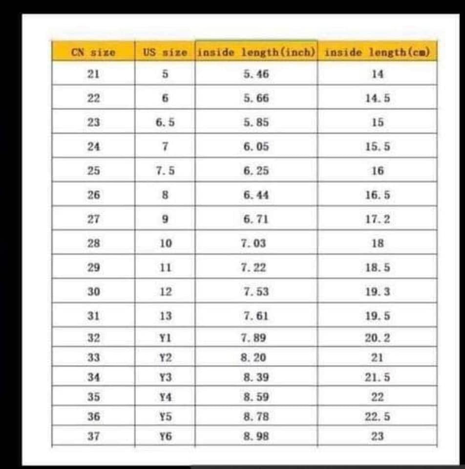 Size chart for clothing with CN, US, and metric measurements.