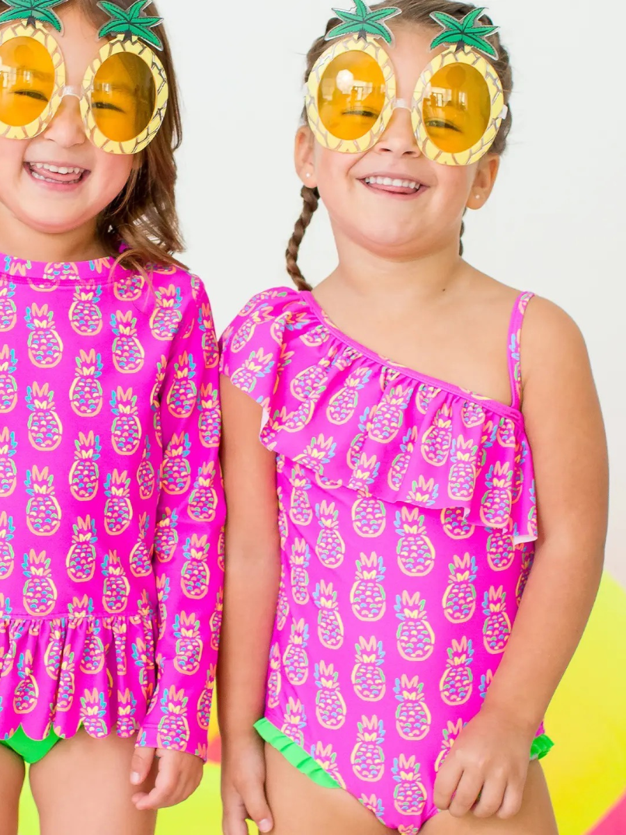 Girls Neon Violet Pineapples One Shoulder Ruffle One Piece