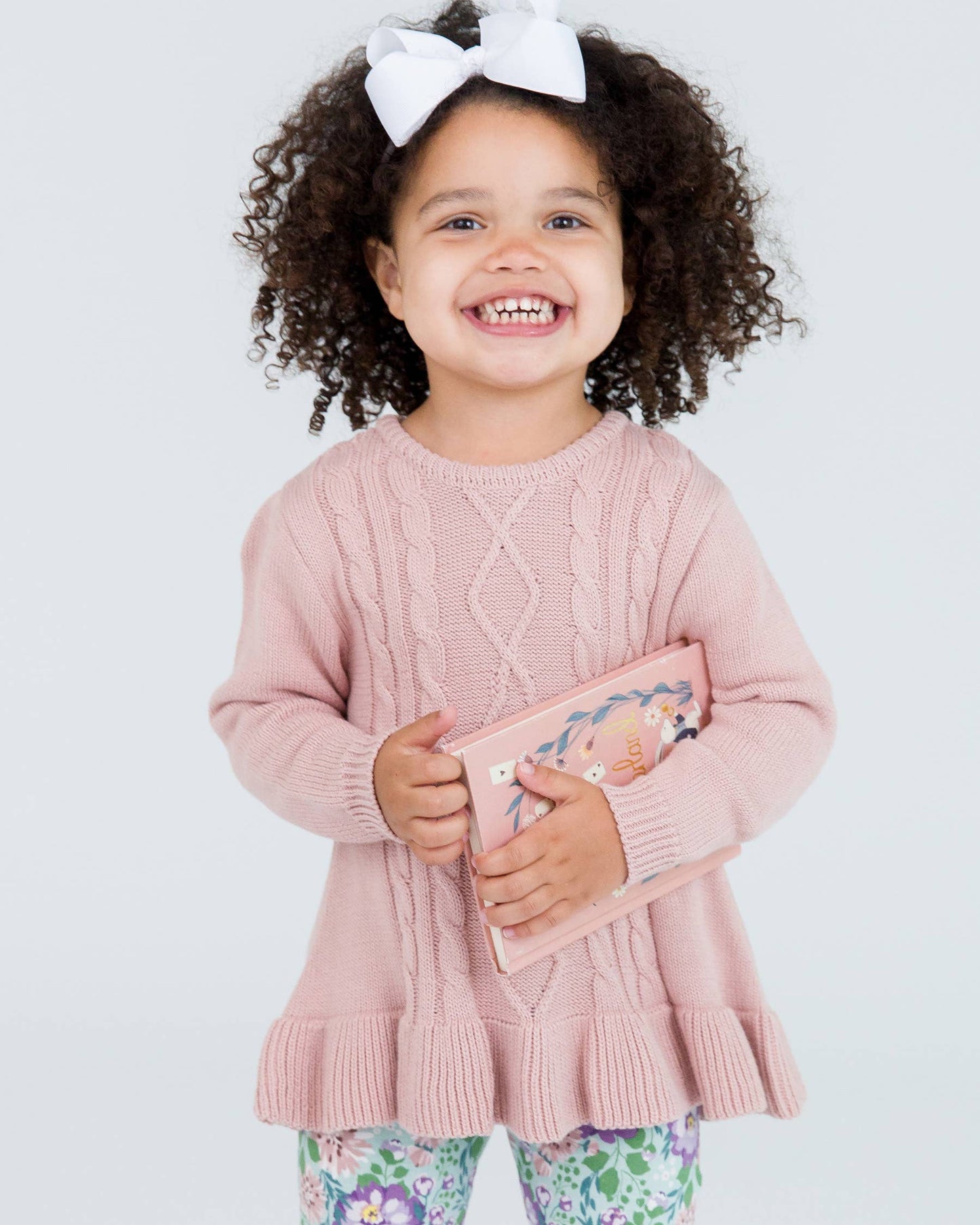 Girls Pale Mauve Ruffle Hem Cable Knit Sweater