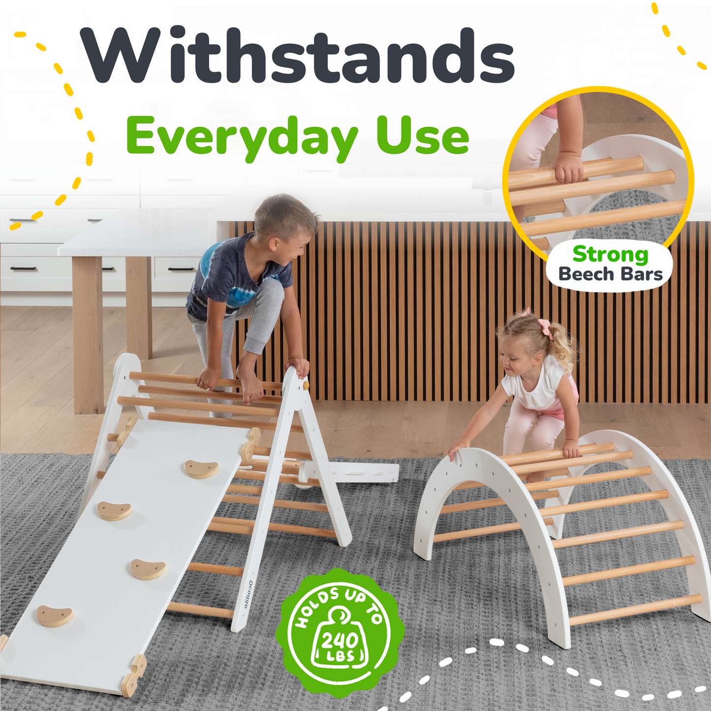 Children playing with a wooden climbing structure indoors, featuring the brand 'Withstands'.