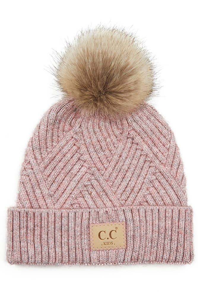 C.C Kids Diagonal Stripe Criss Cross Pattern Pom Beanie