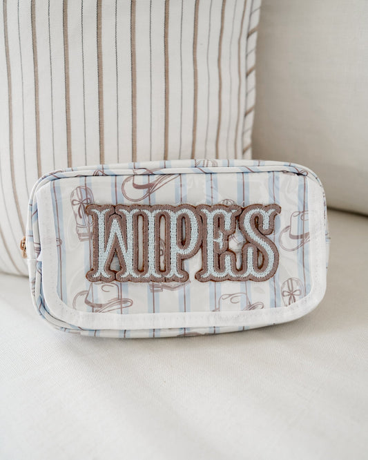 Small pouch with 'Tampes' embroidery on a striped background