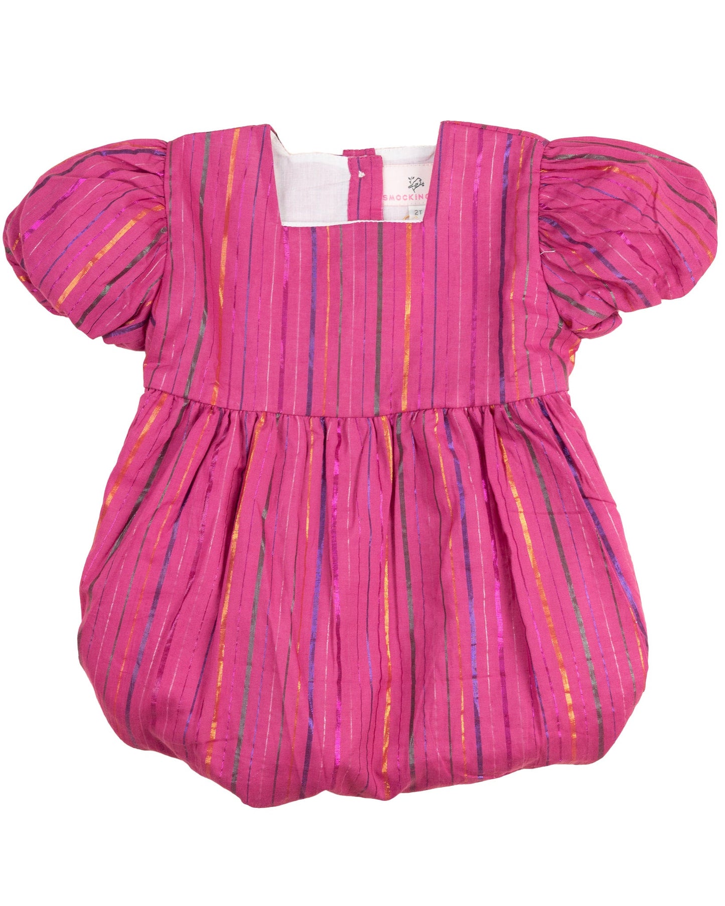 Pink dress with colorful stripes on a white background