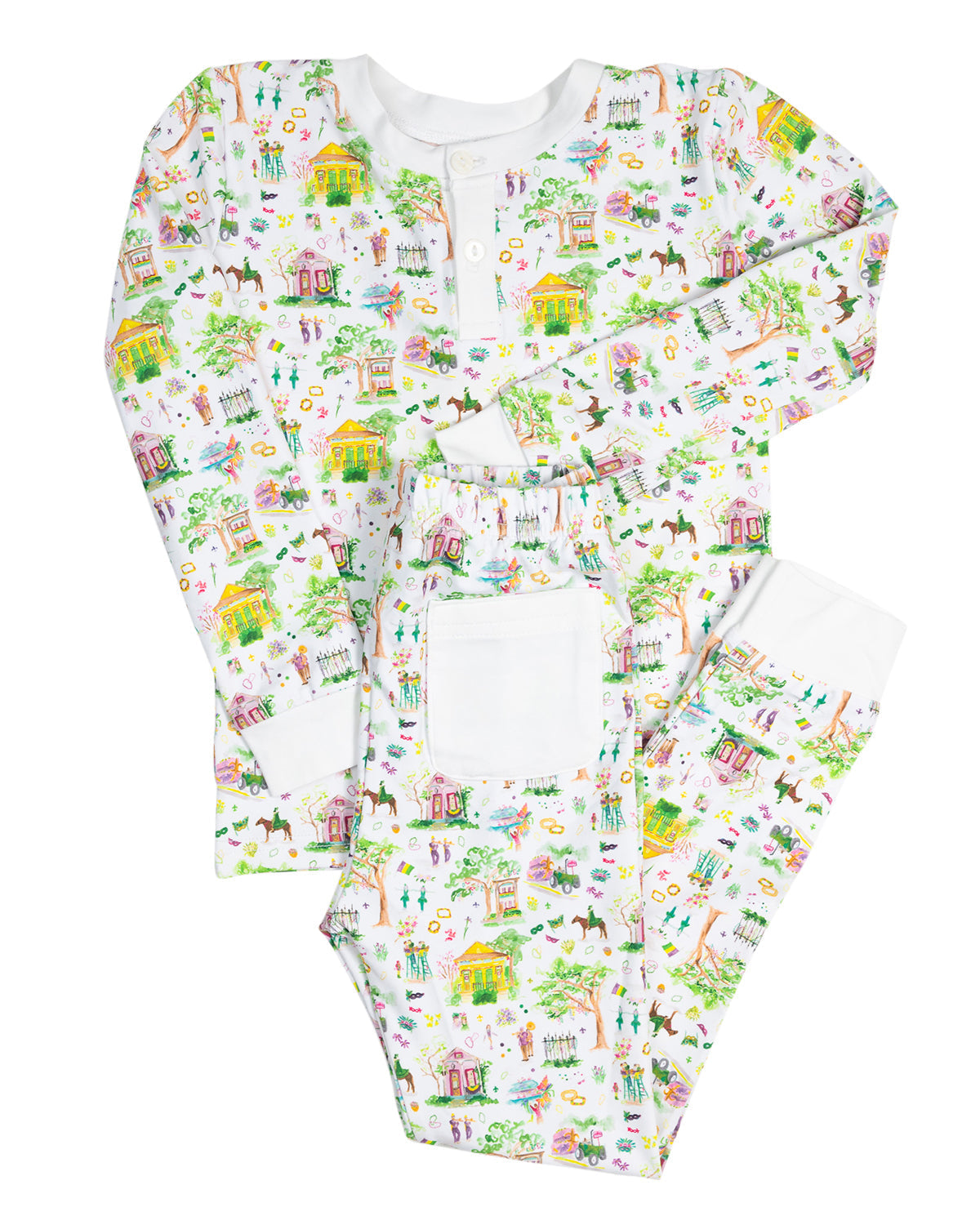 Children's onesie with farm animal pattern on a white background