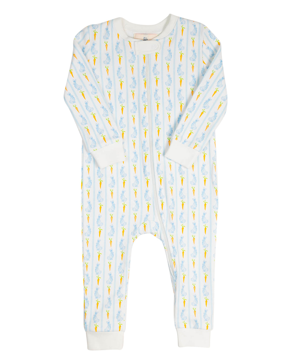 Baby onesie with bunny & carrot pattern on a white background