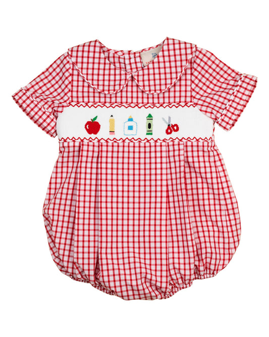 School Supplies Smocked Red Windowpane Boy Bubble- FINAL SALE
