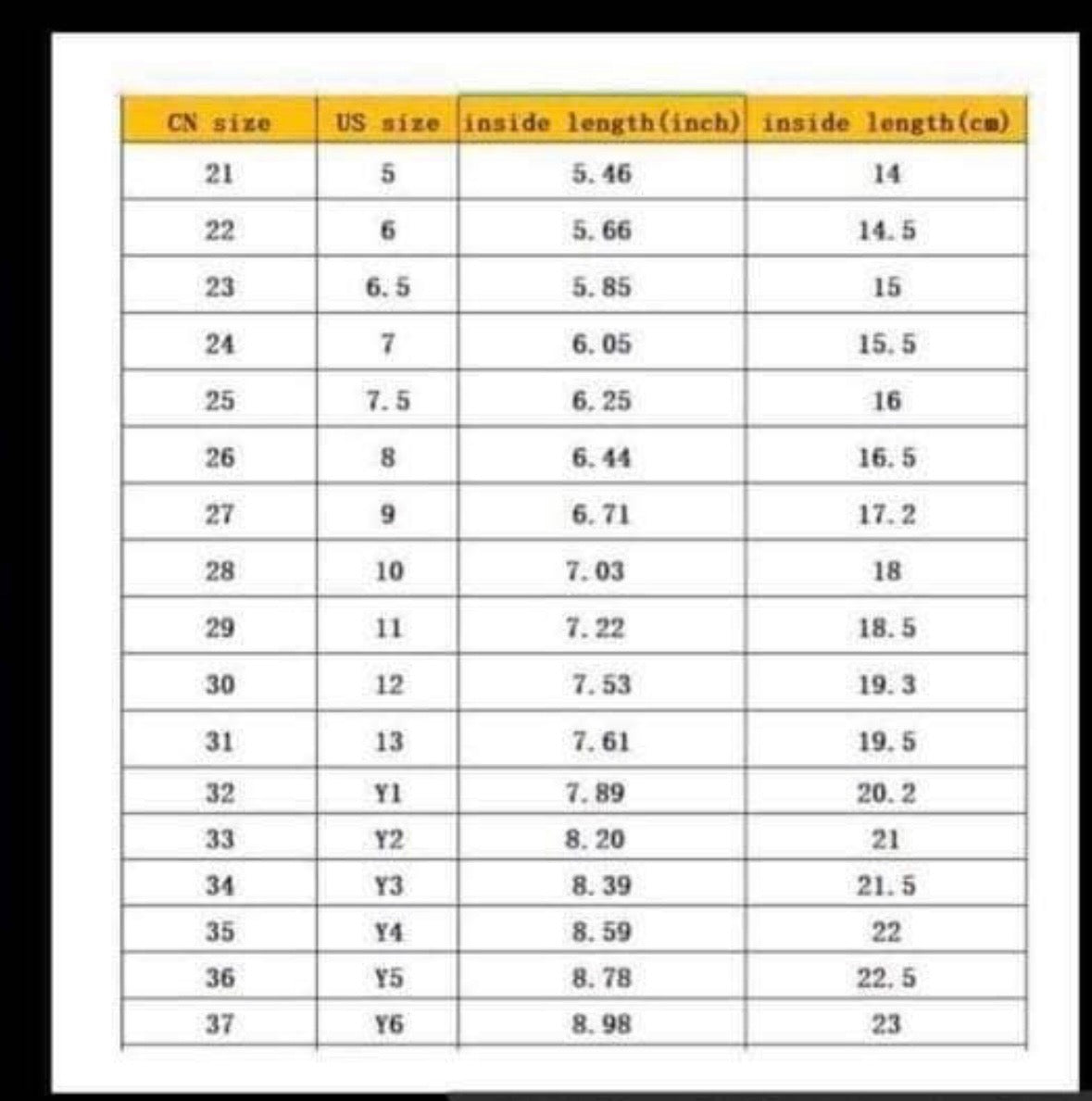 Size chart for shoes with CN size, US size, inside length in inches, and inside length in centimeters.
