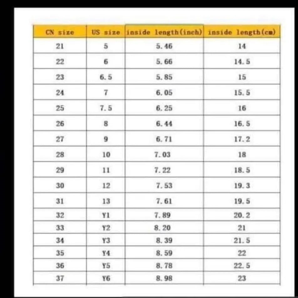Measurement chart comparing CN size, US size, inside length in inches, and inside length in centimeters.
