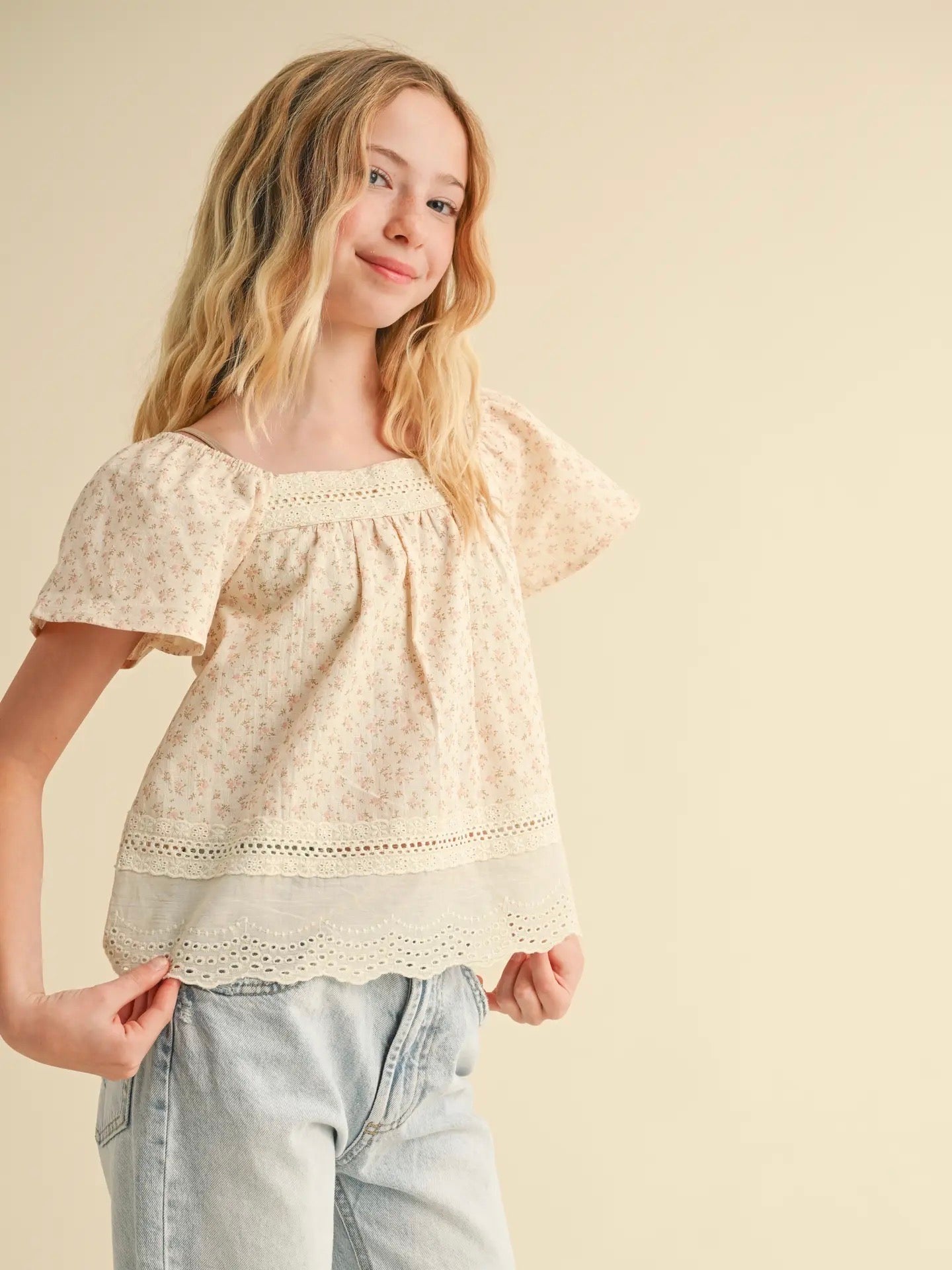 PREORDER | Girls Flutter Sleeve Peasant Top
