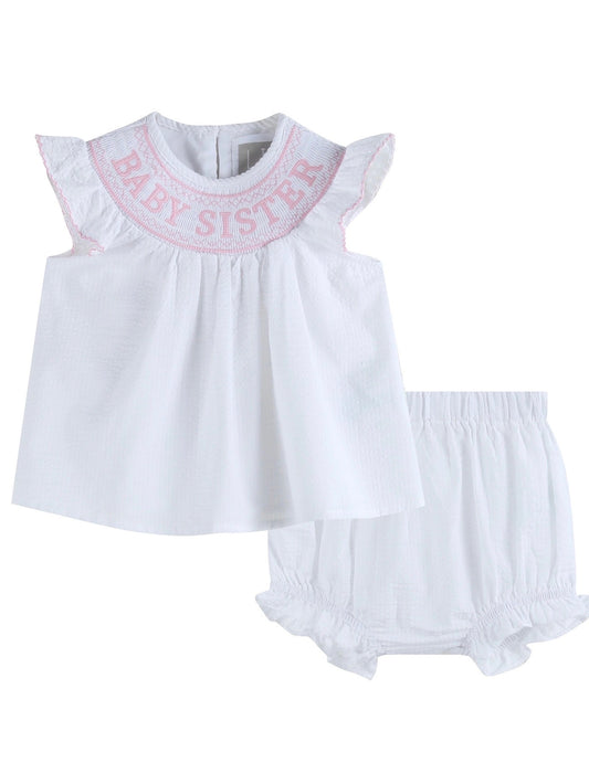 White Baby Sister Smocked Dress and Bloomer Set