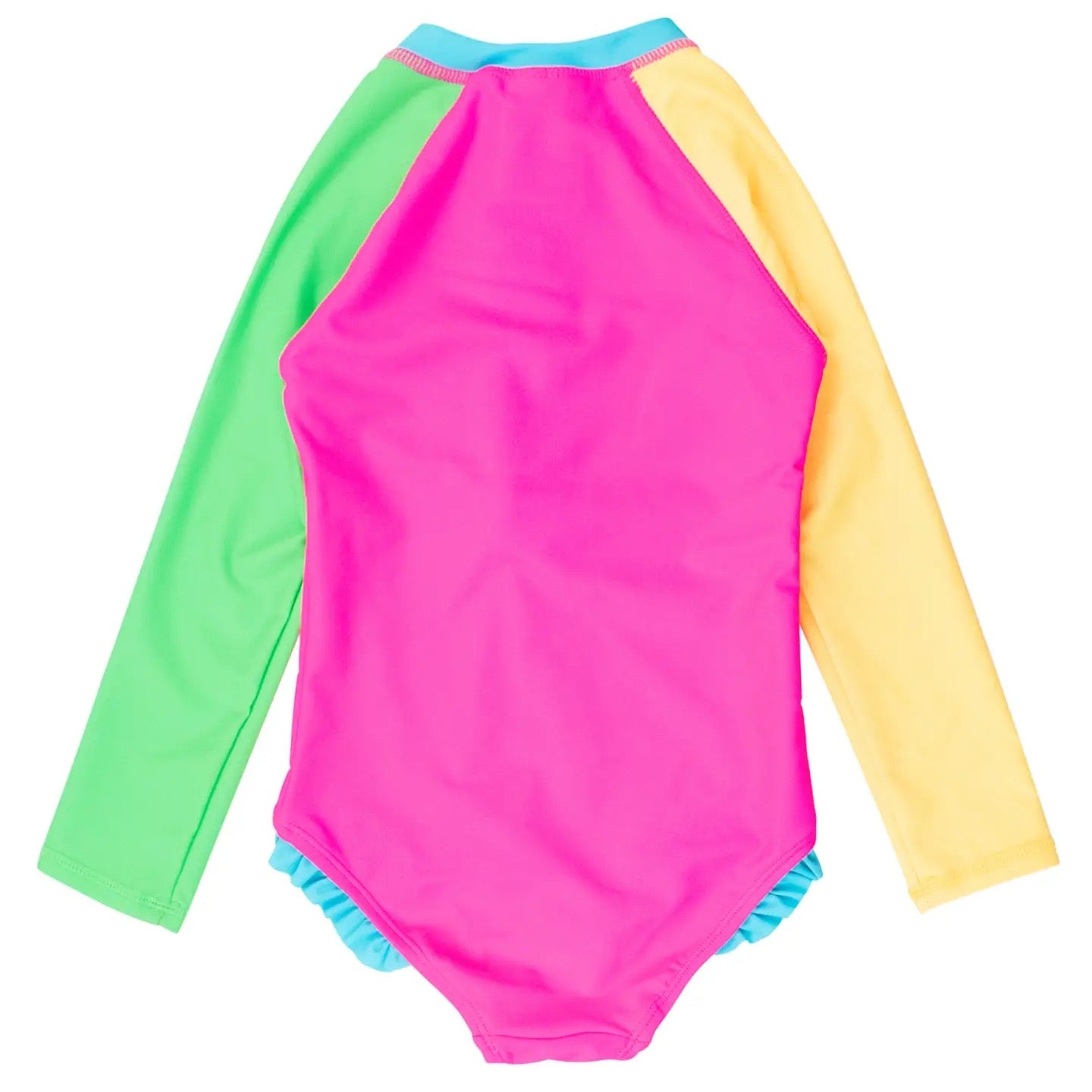 Girls Neon Color Block Long Sleeve Rash Guard One Piece