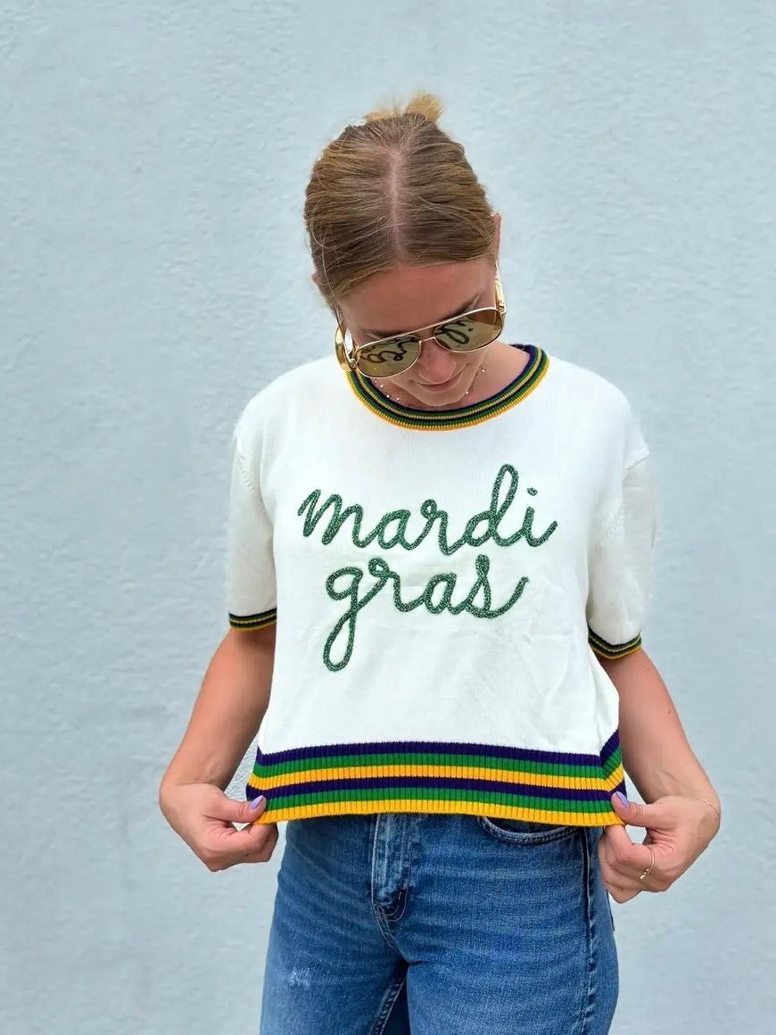 Adult Short Sleeve Tinsel Crop - Mardi Gras