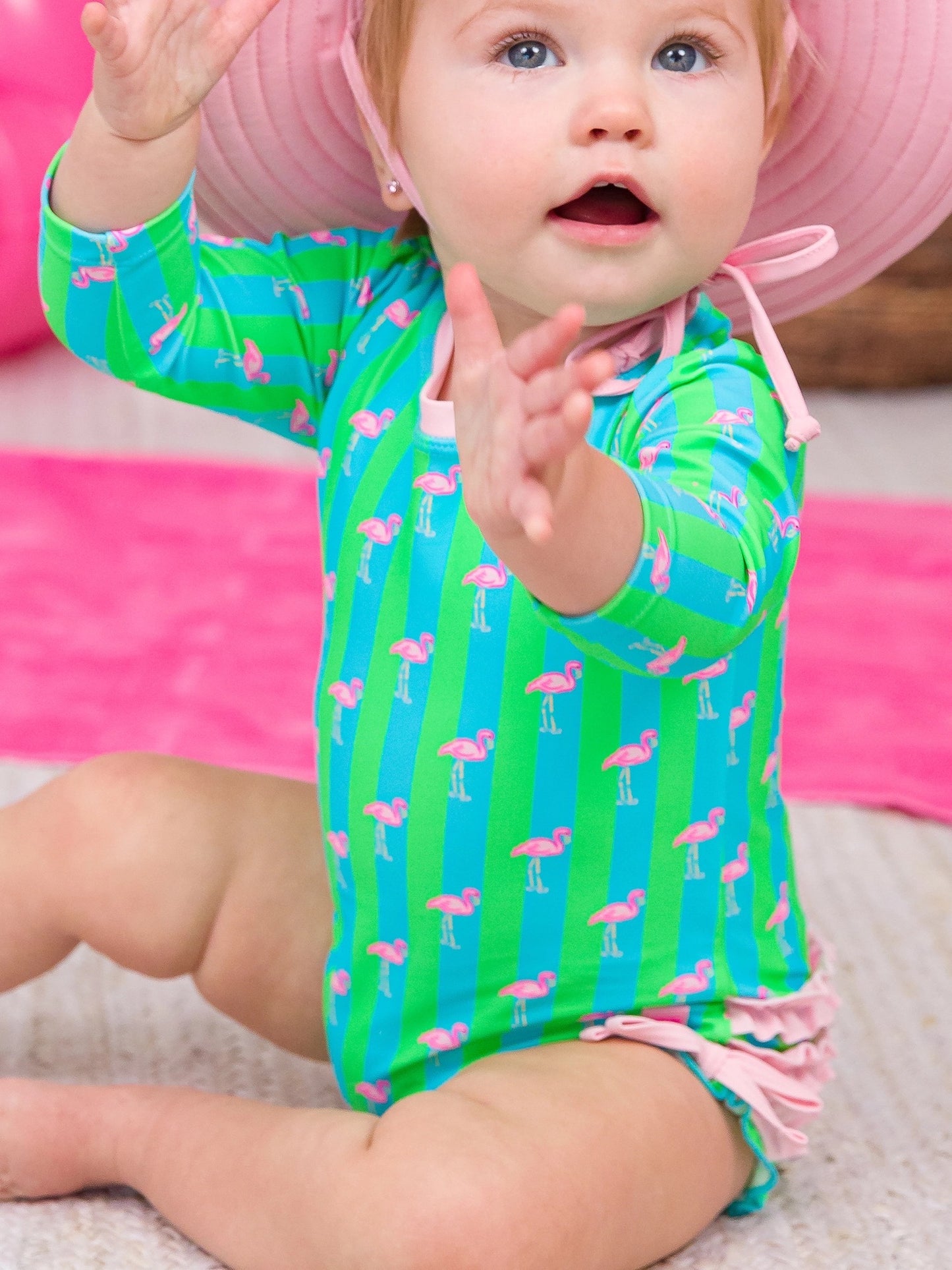 PREORDER | Baby Girls Neon Flamingo Stripe Long Sleeve One Piece Rash Guard
