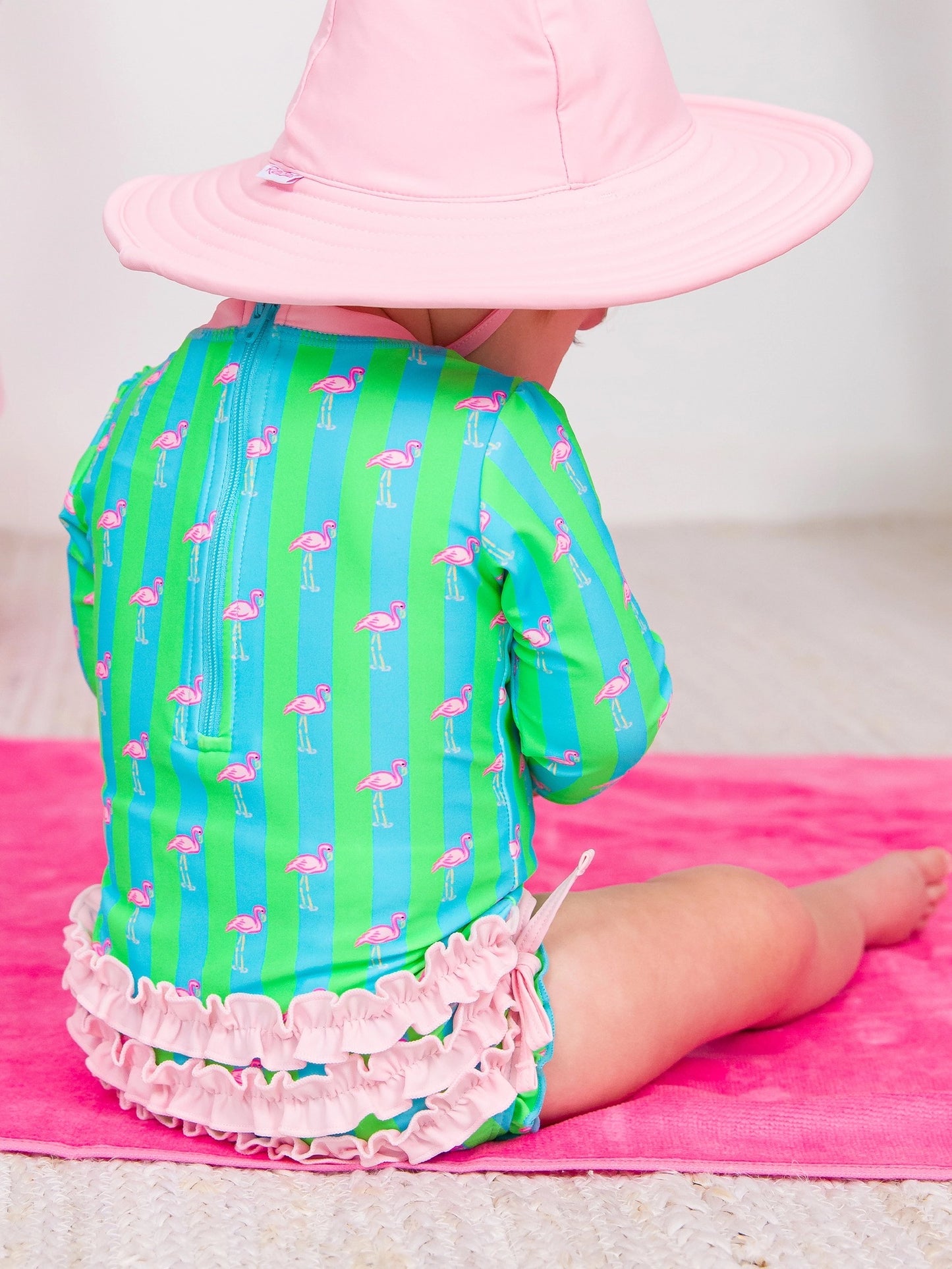 PREORDER | Baby Girls Neon Flamingo Stripe Long Sleeve One Piece Rash Guard