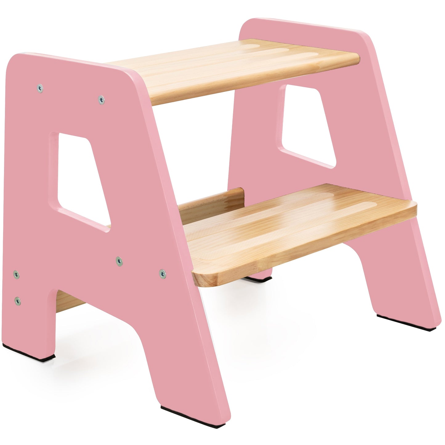 Pink step stool with wooden platform on a white background
