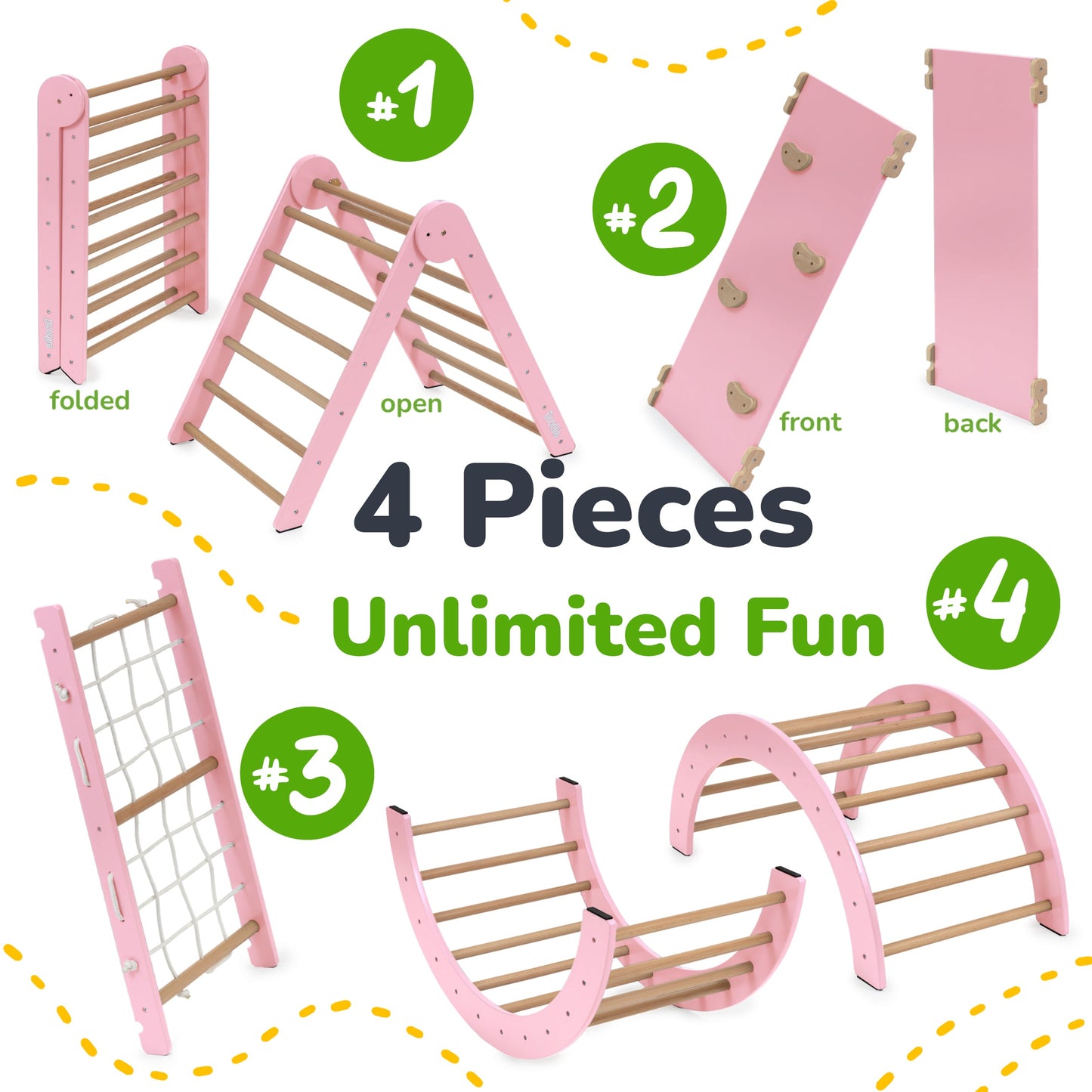 Set of pink and wooden pet play structures with labeled components on a white background.