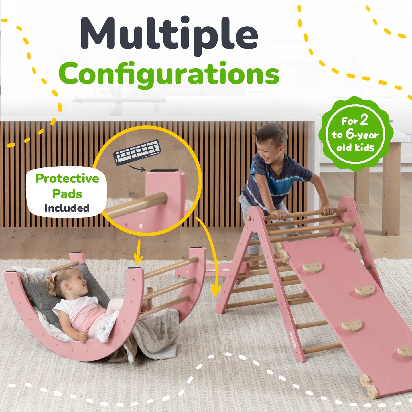 Children's play structure with multiple configurations and safety features, including a slide and climbing area.