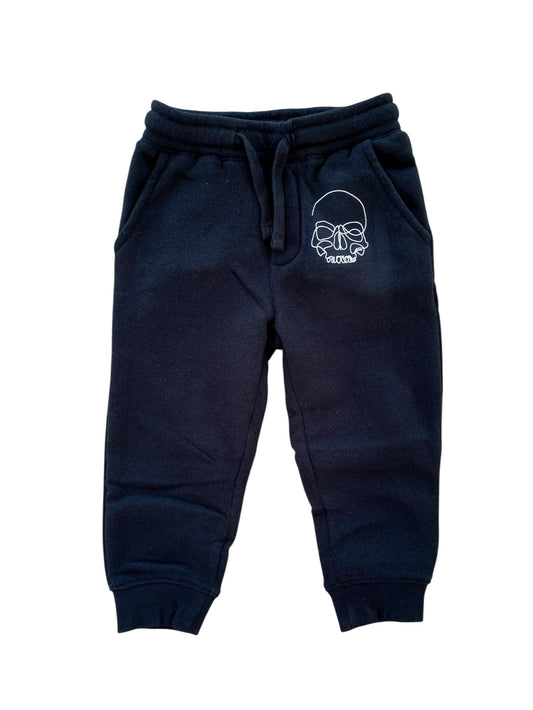 Navy blue sweatpants with a white logo on a white background