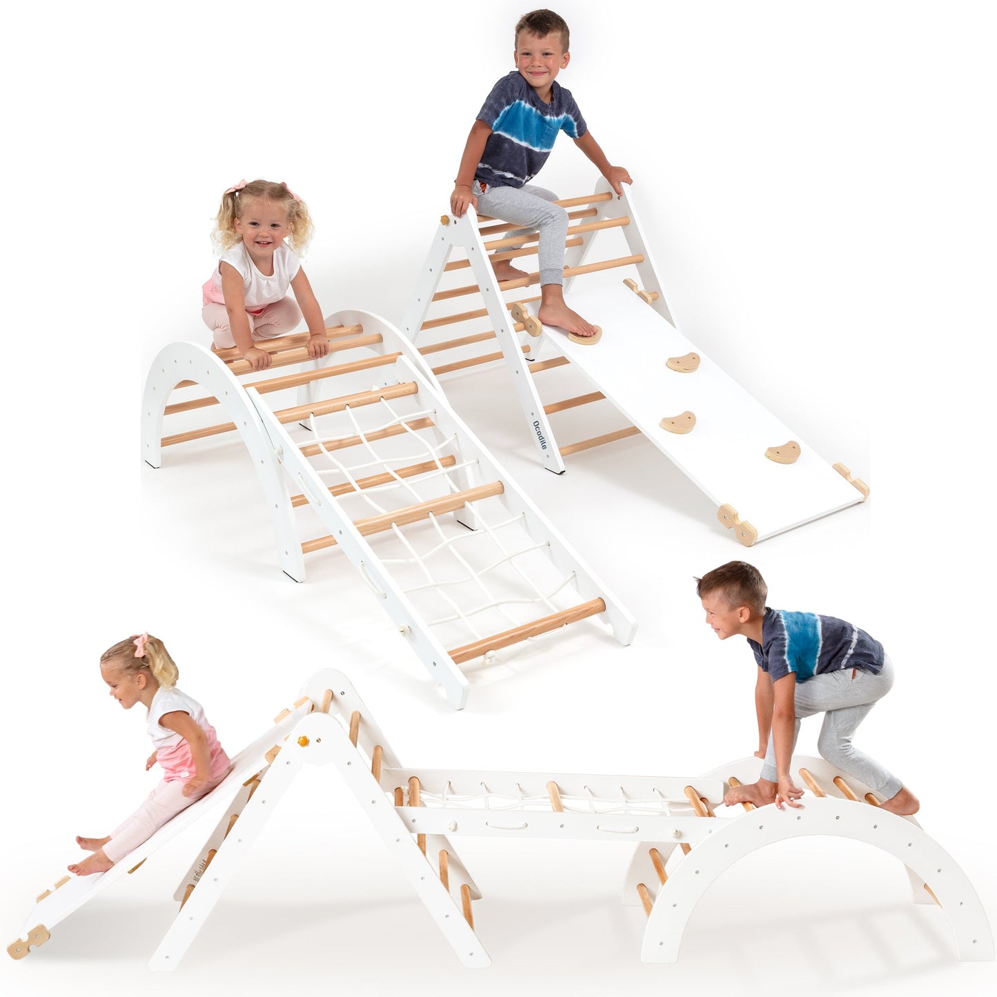 Children playing on a set of wooden climbing structures with white frames.