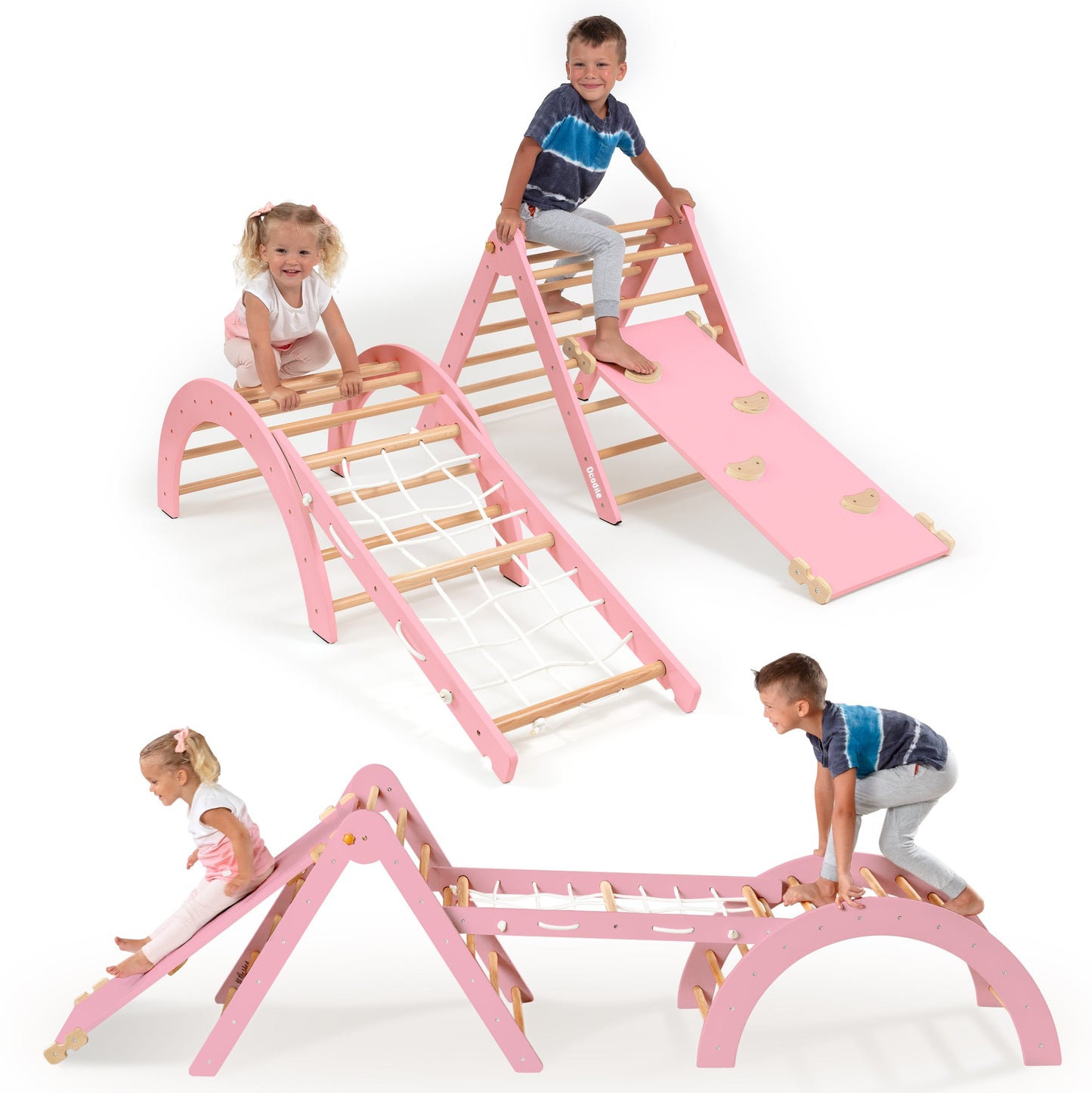 Children playing on a pink and wooden play set with slides and climbing elements.