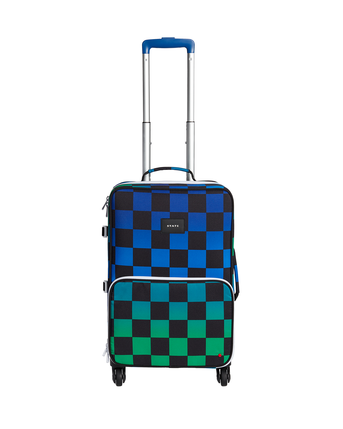 Checkered suitcase with blue and green pattern on a white background