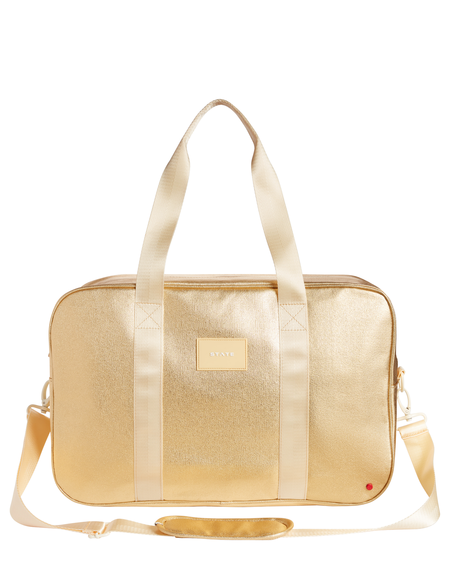 Gold duffel bag with a visible brand label on a white background