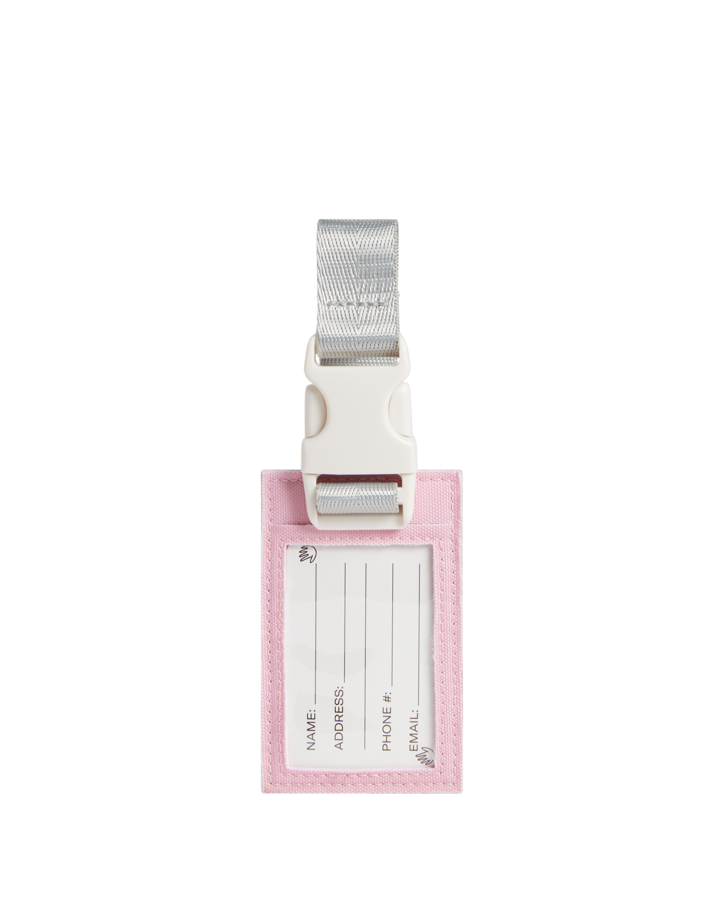 Pink luggage tag with white label and silver strap on a white background
