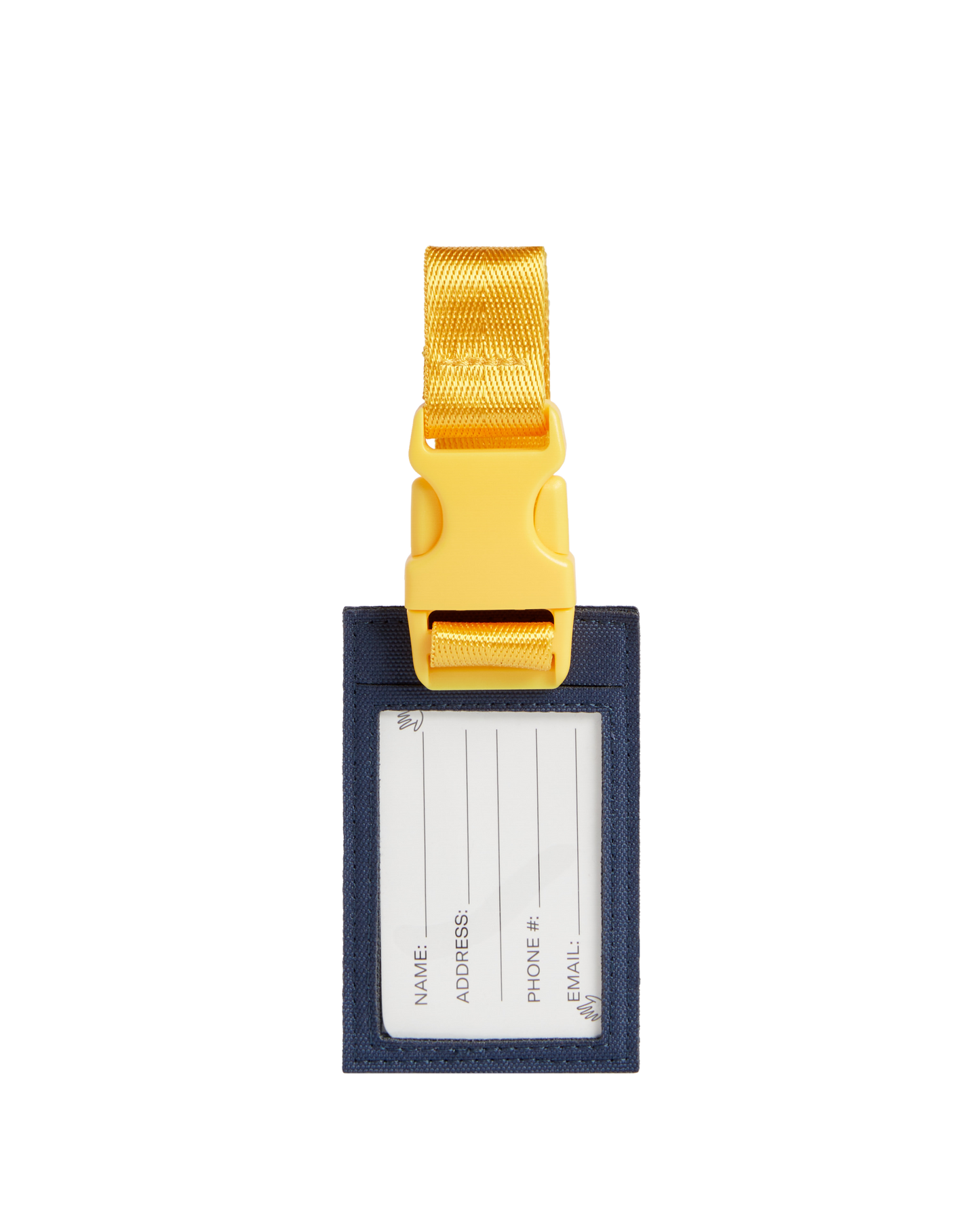 Luggage tag with gold buckle on a white background
