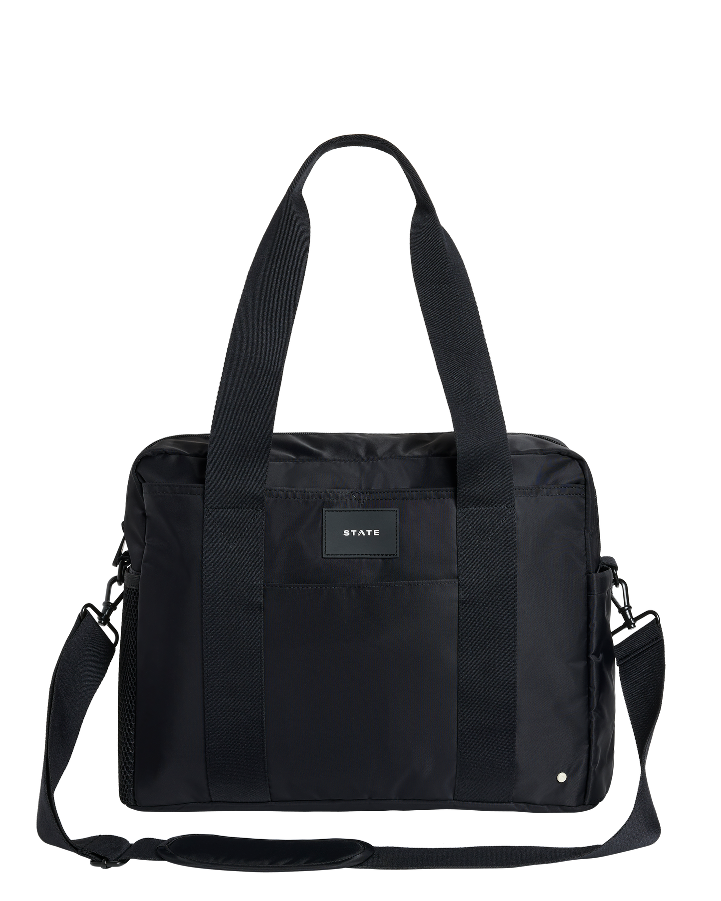 Black diaper bag with a visible brand label on a white background