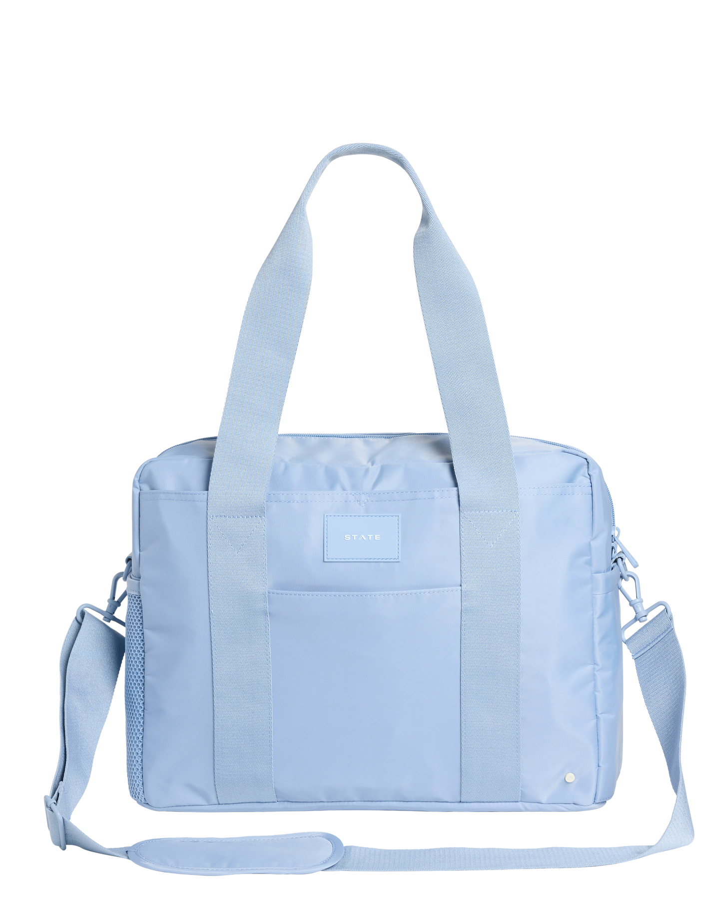 Light blue diaper bag with a visible state bag logo on a white background