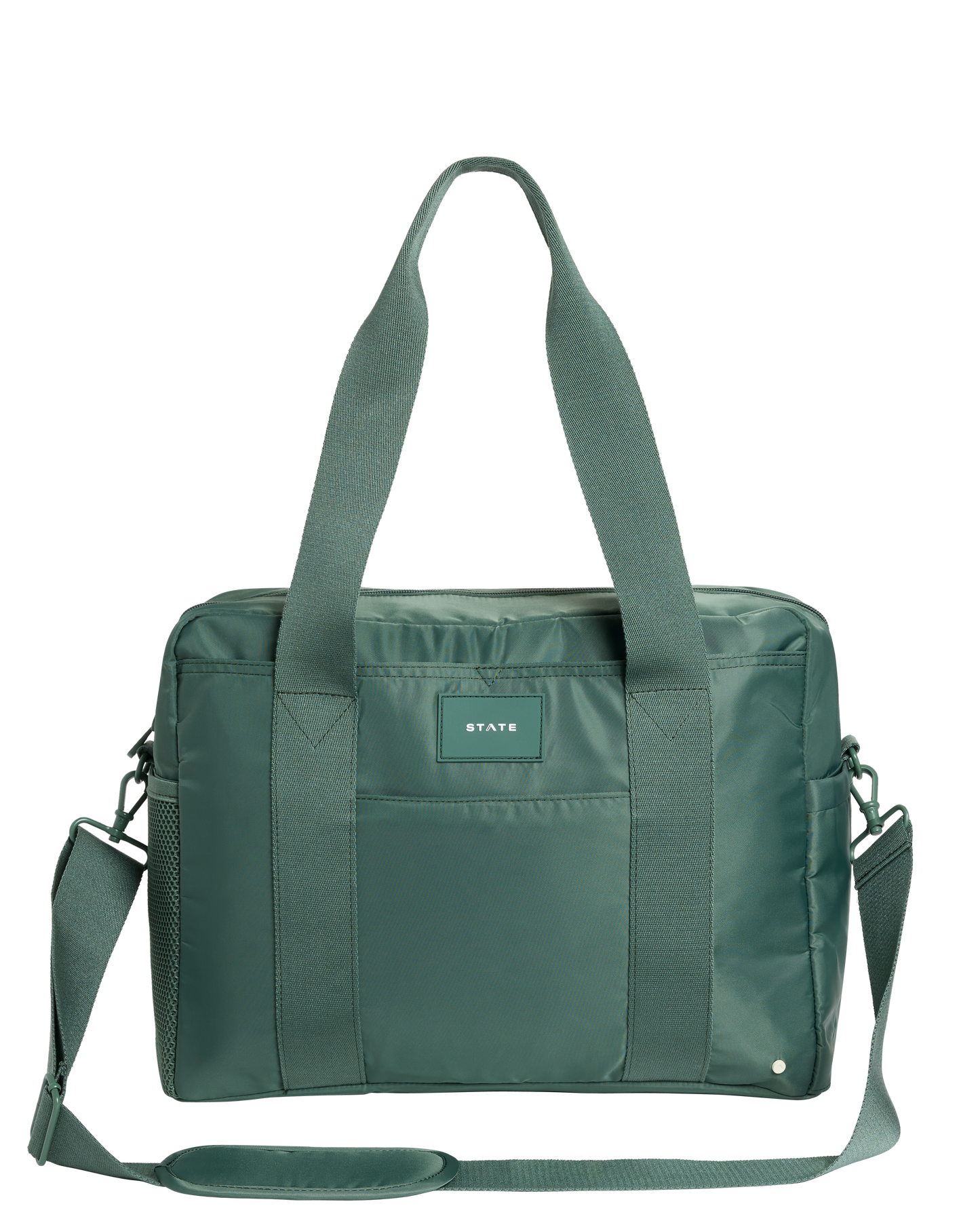 Green diaper bag with a visible brand label on a white background