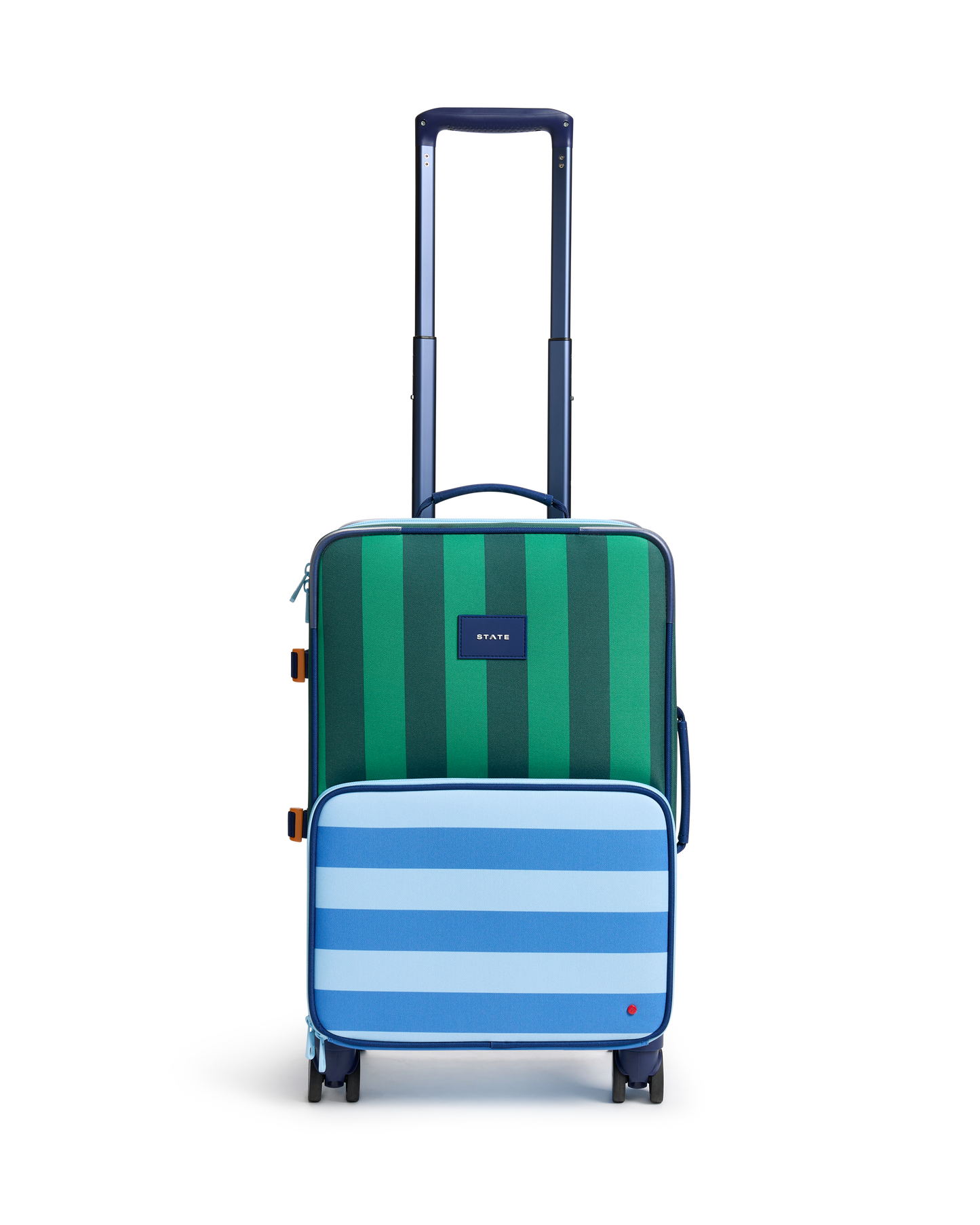 Green and blue striped suitcase on a white background