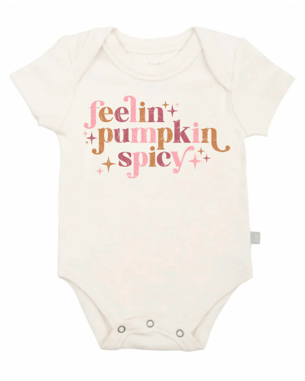 Baby onesie with 'feelin' pumpkin spicy' text on a white background