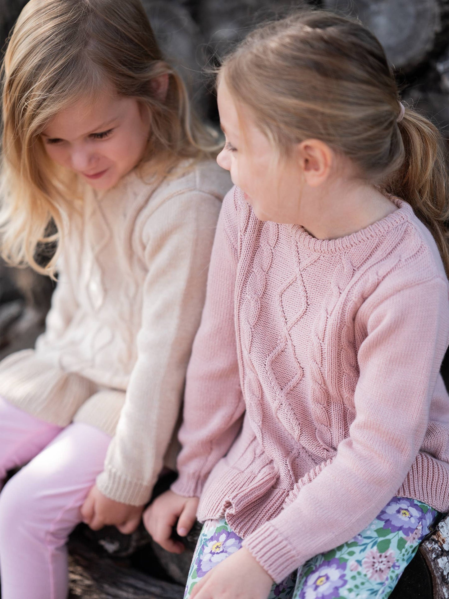 Girls Pale Mauve Ruffle Hem Cable Knit Sweater