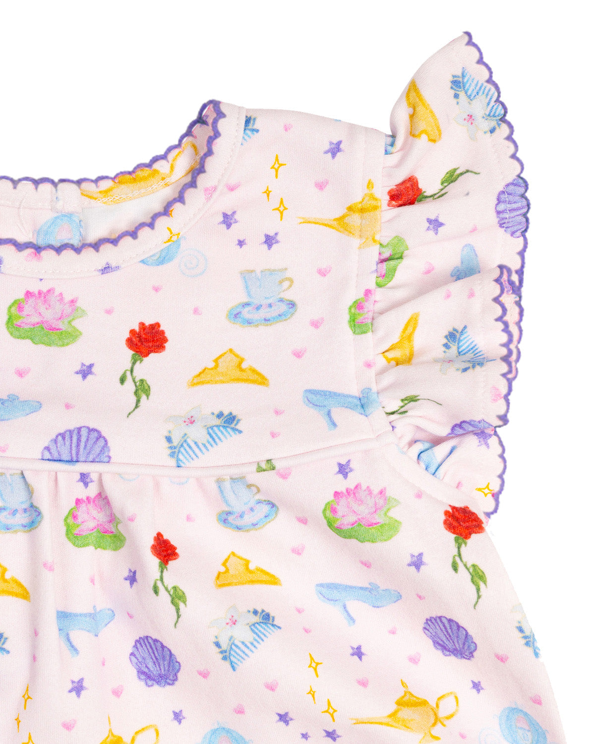 Baby romper with fairy tale-themed print on a white background
