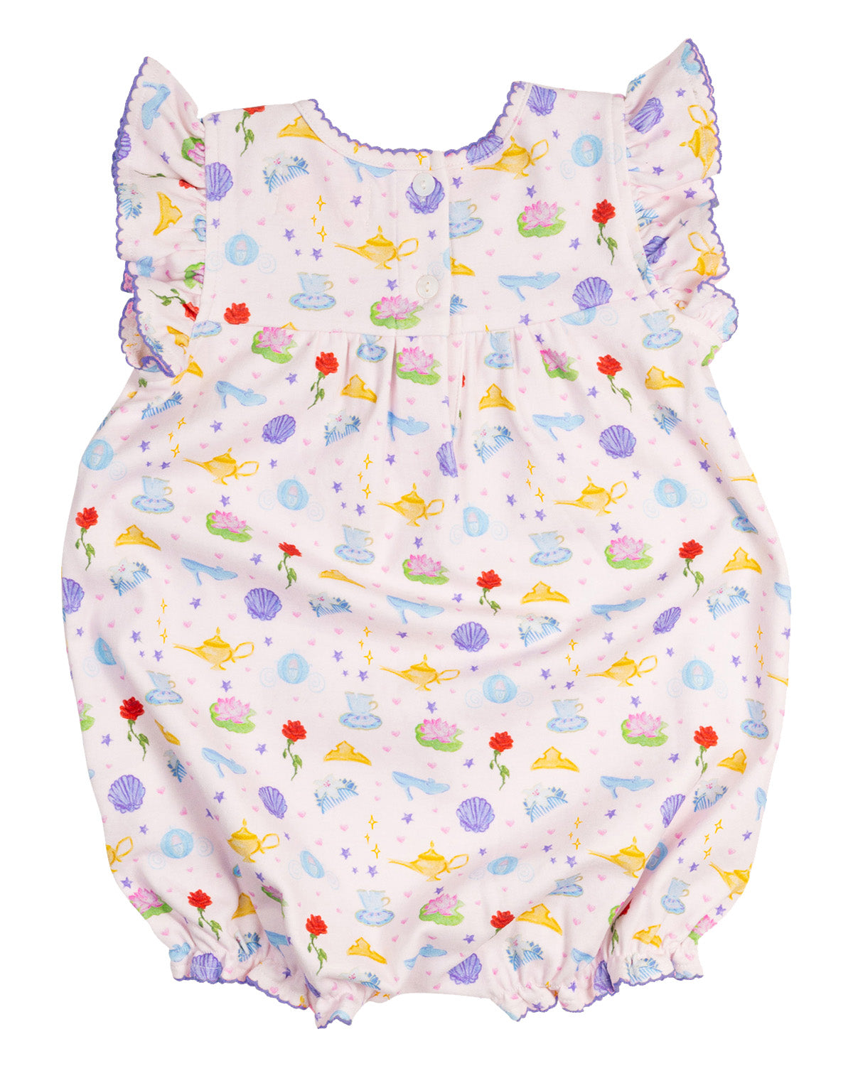 Baby romper with colorful sea-themed print on a white background