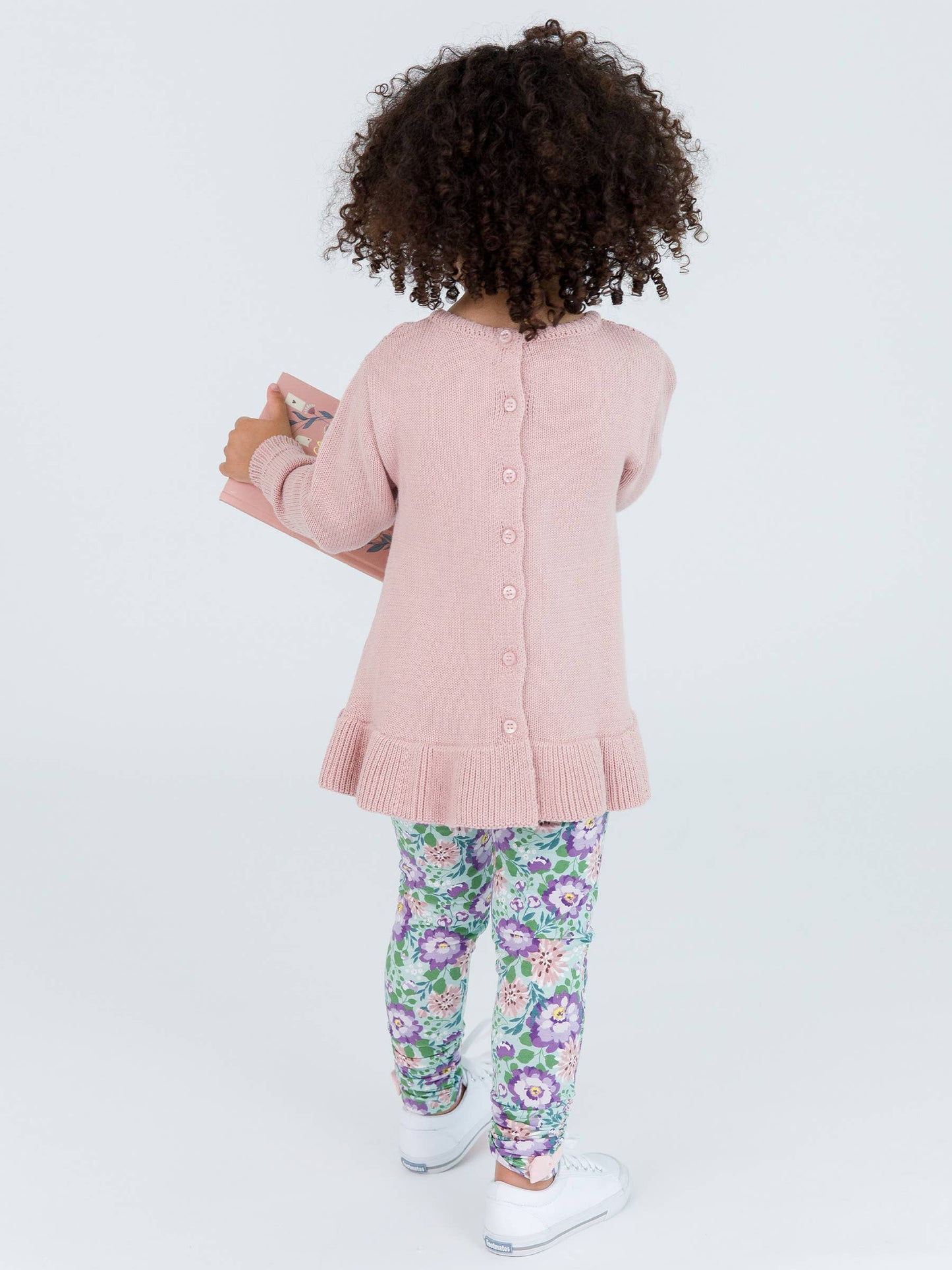 Girls Pale Mauve Ruffle Hem Cable Knit Sweater
