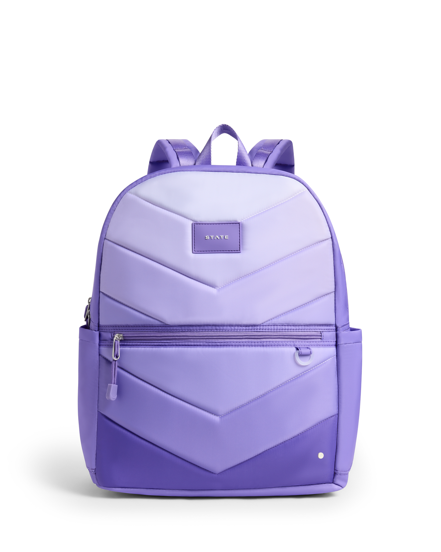 Purple backpack with a chevron pattern on a white background
