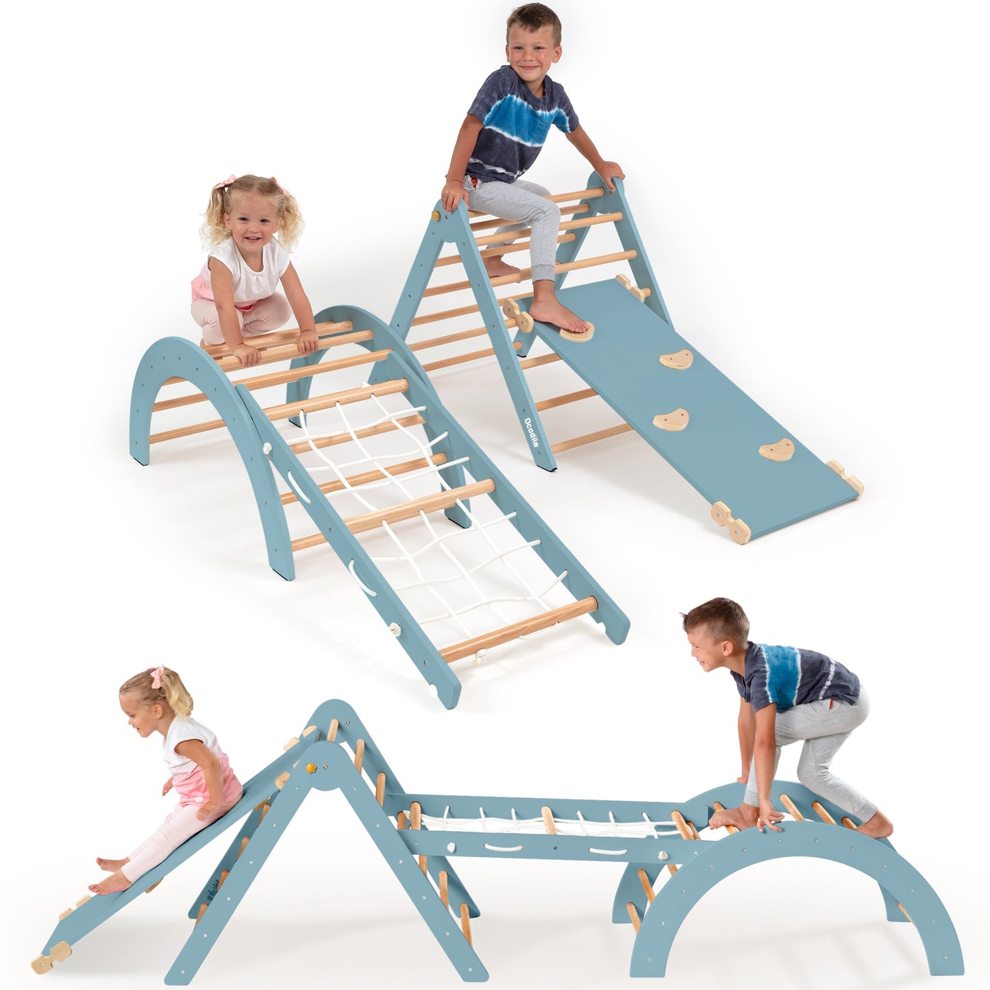 Children playing on a blue and wooden climbing frame with slide on a white background